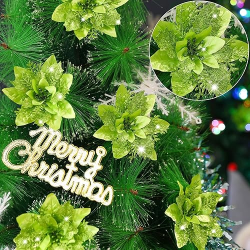 Miniatura 50 de Serwalin 20 flores de Navidad artificiales plateadas, flores de nochebuena con clips, tallos con purpurina, adornos para árbol de Navidad, boda