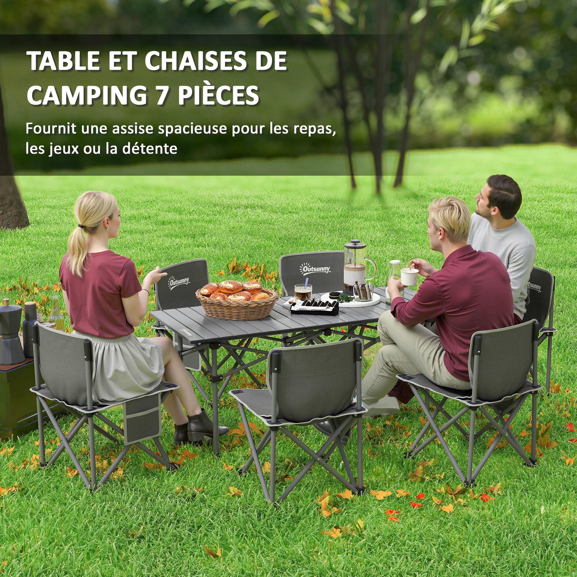 Outsunny Table de Camping avec 6 chaises Pliantes, Ensemble Table et Chaise de Camping 7 pièces avec Sacs de Transport et Poches latérales, 120 x 55 x 50 cm, Gris foncé
