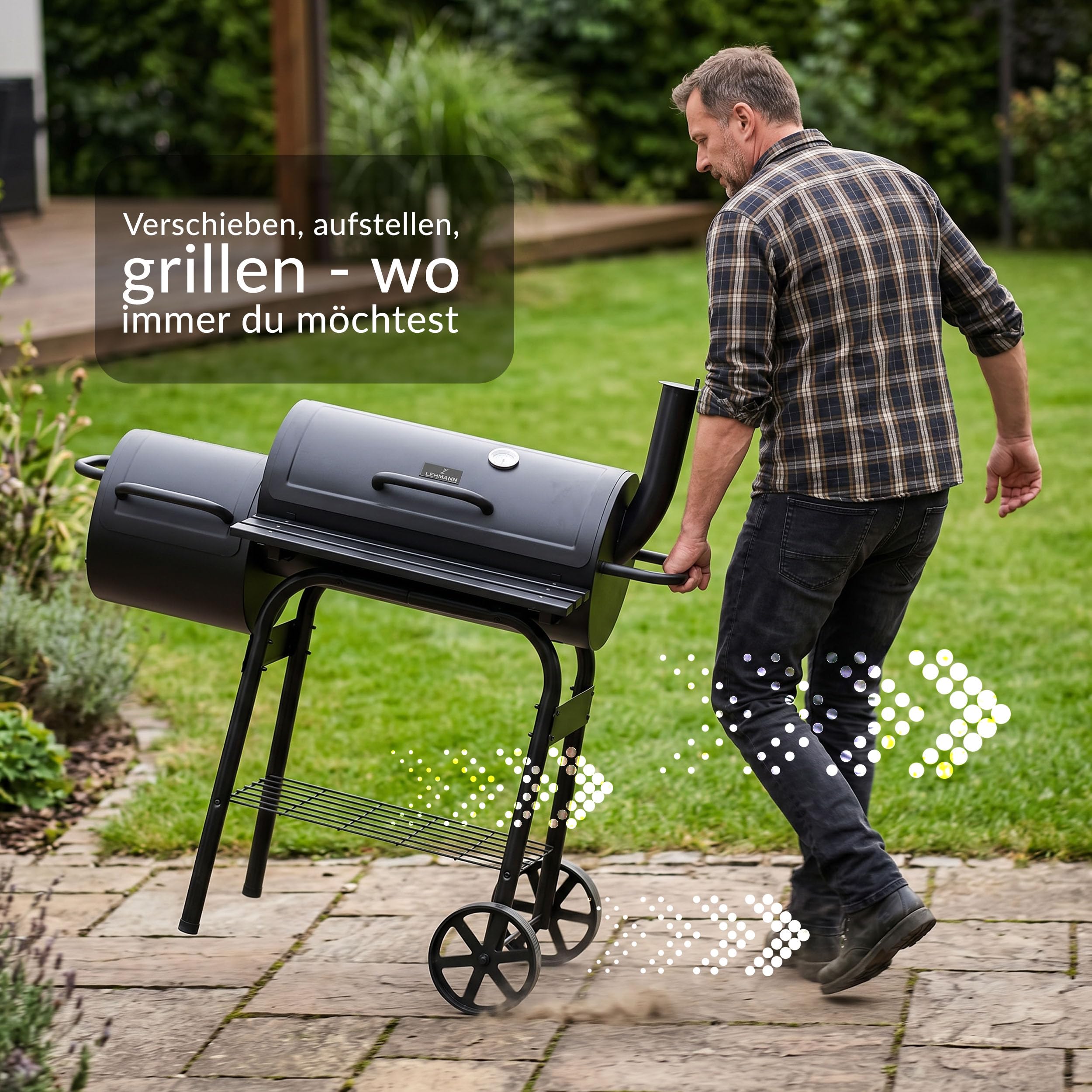 LEHMANN Holzkohlegrill & Smoker Grill 2-in-1, BBQ Grill mit Deckel, integriertem Thermometer und hitzebeständigem Griff, fahrbarer Grillwagen mit Rädern, 2-Kammern Standgrill für Garten, Schwarz