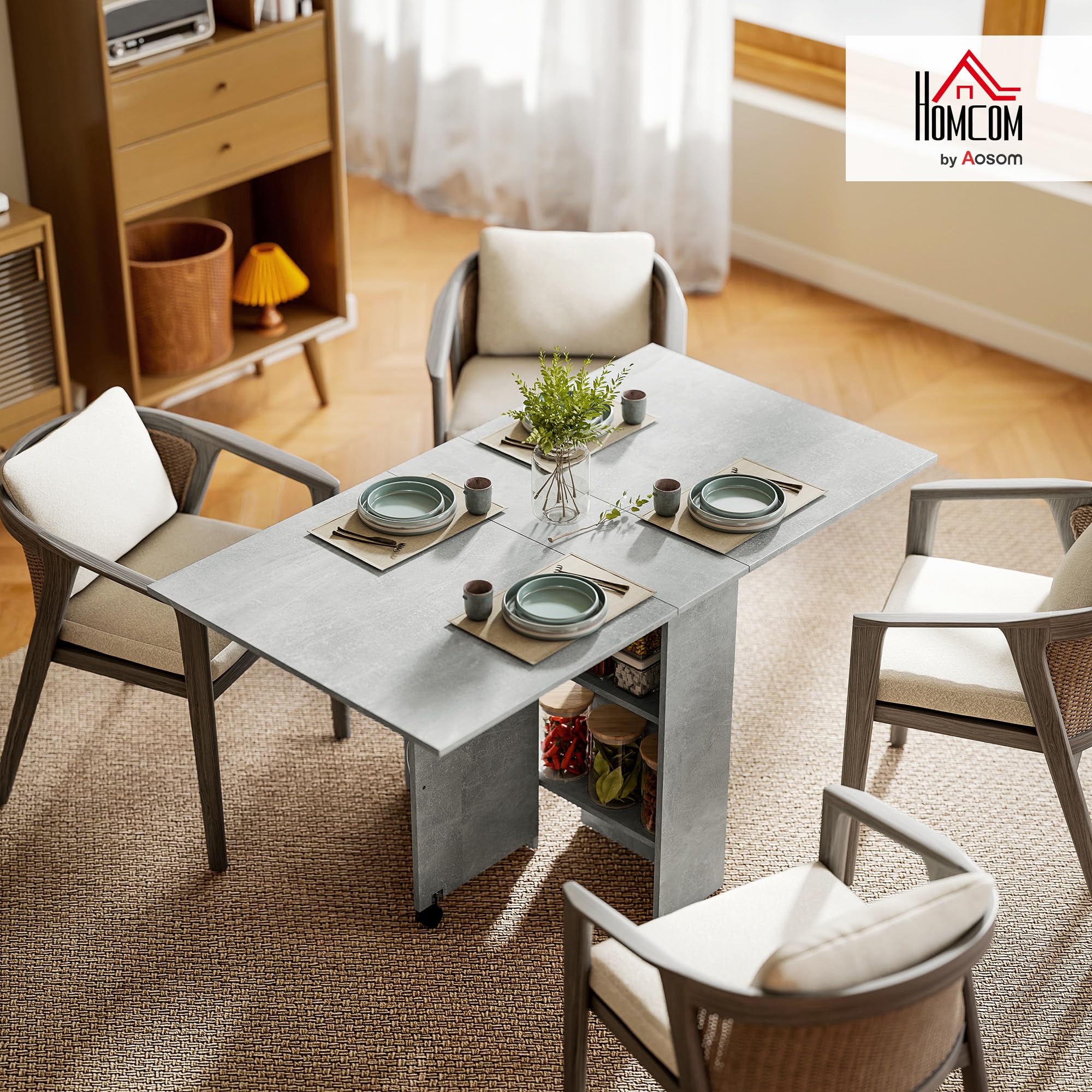 HOMCOM Tavolo da Pranzo Pieghevole, Tavolo Cucina a Ribalta per 6 Persone, Scrivania Richiudibile Salvaspazio con 2 Ripiani Aperti e Ruote a Freno, per Soggiorno, Ufficio, 140x75x74cm, Grigio Cemento