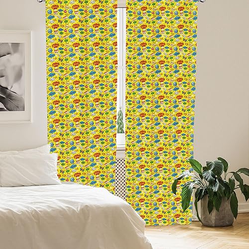 Miniatura 4 de Lunarable Cortinas para ventana de superhéroe, burbujas de discurso de humor Funky Vivid Bang Boom Bam Pow Fiction Design, decoración ligera, juego