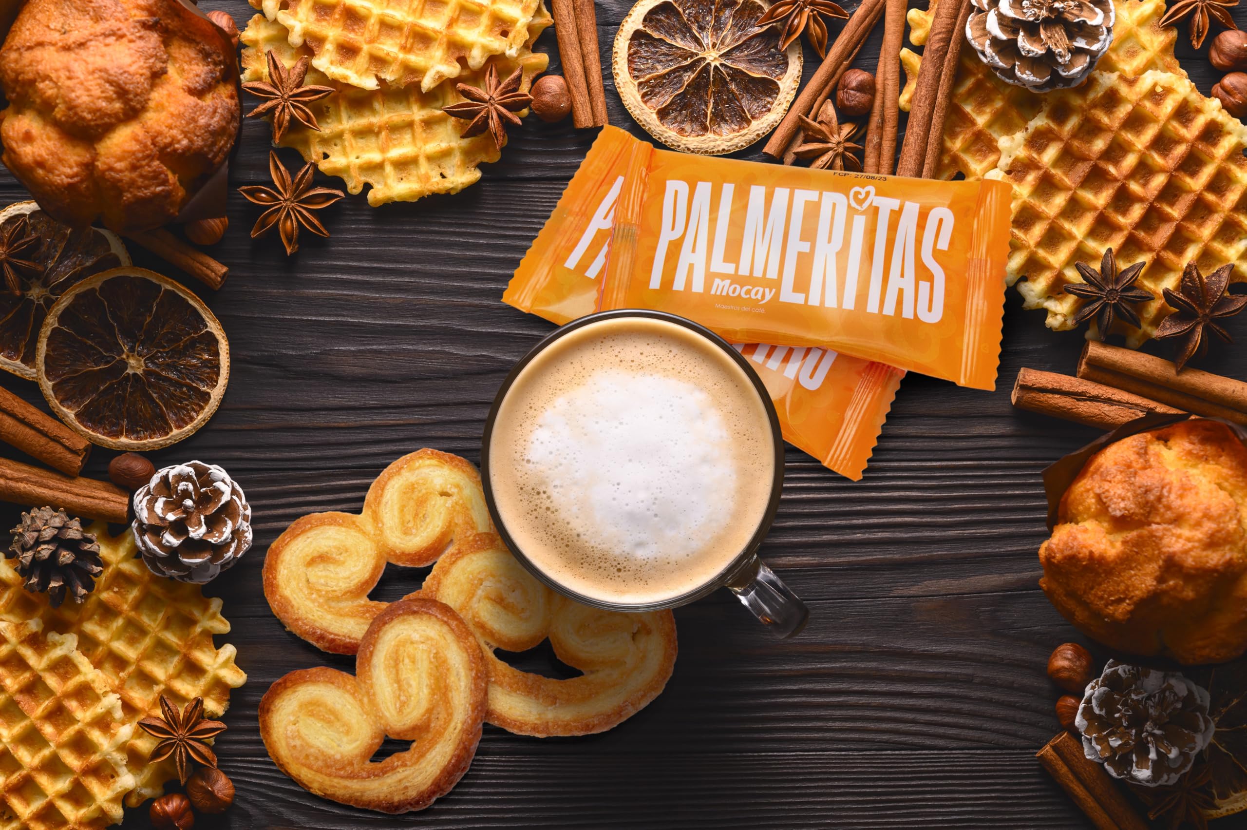 MOCAY - PACK OFICINA BASIC - 100 Cápsulas de Café Natural, 100 Cápsulas de Café Descafeinado, 120 Palmeritas y 220 Cookies + Taza de Regalo - Ideal para desayuno