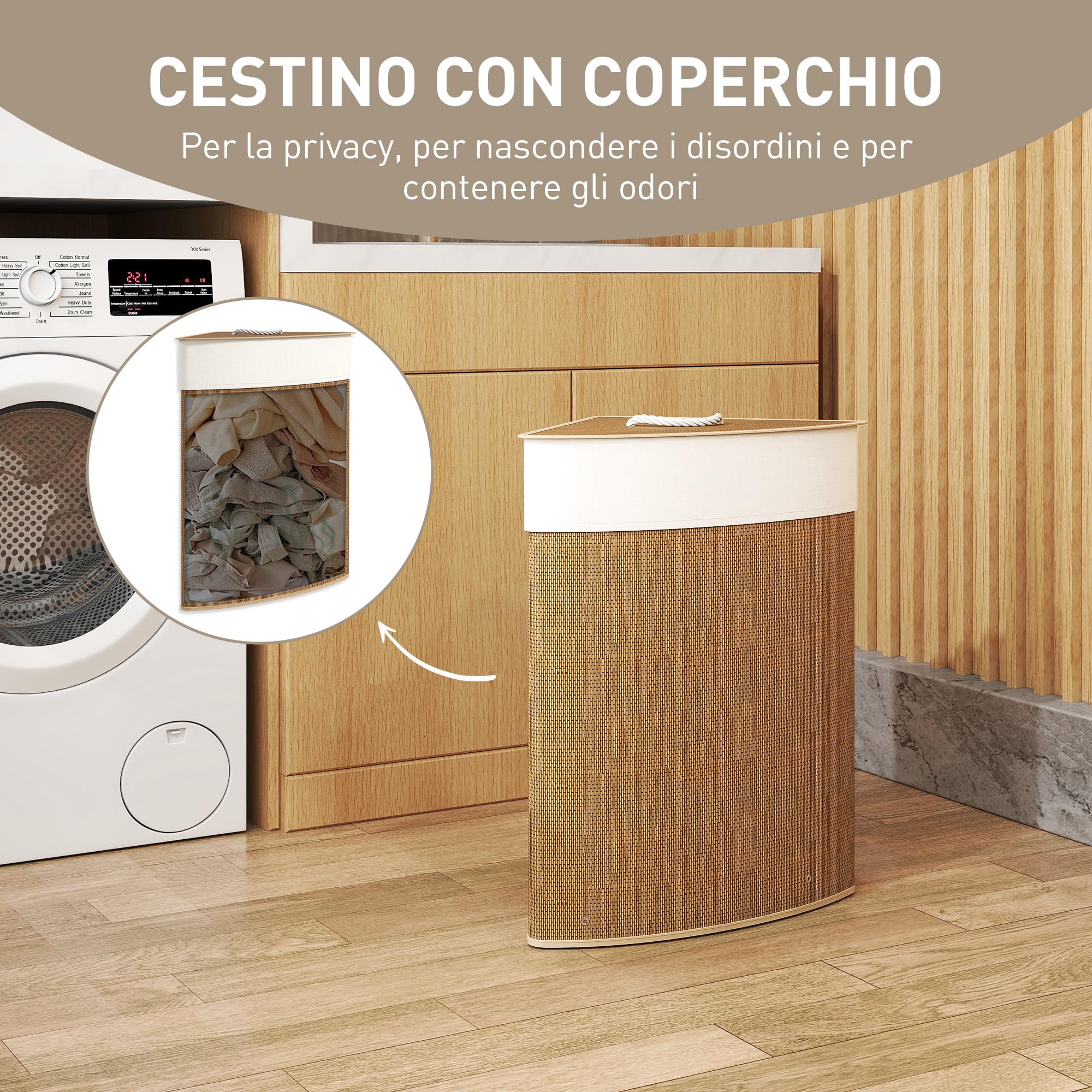 HOMCOM Cesto Portabiancheria Angolare da 55L con Sacco Estraibile e Coperchio Removibile, Cesta per la Biancheria in Bambù, 35x35x60 cm, Marrone