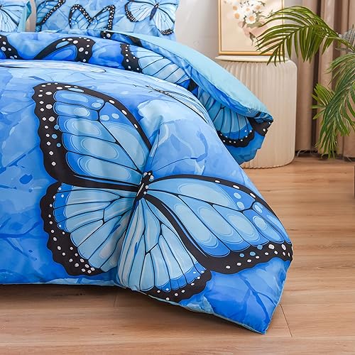 Miniatura 8 de Btargot Juego de edredón ligero de microfibra de 3 piezas con 2 fundas de almohada juego de ropa de cama con patrón de mariposa color azul Queen