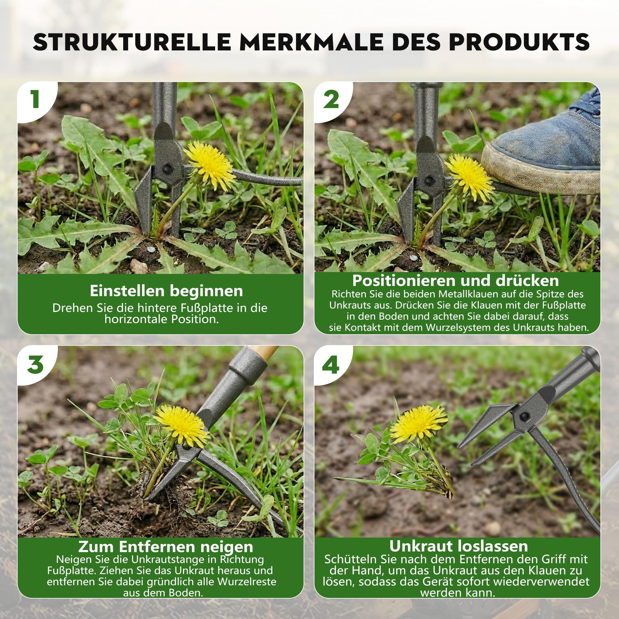 Désherbeur à long manche et pédale (110 cm), avec 2 griffes en acier inoxydable, outil de jardinage démontable, pour pissenlits et chardons dans le jardin