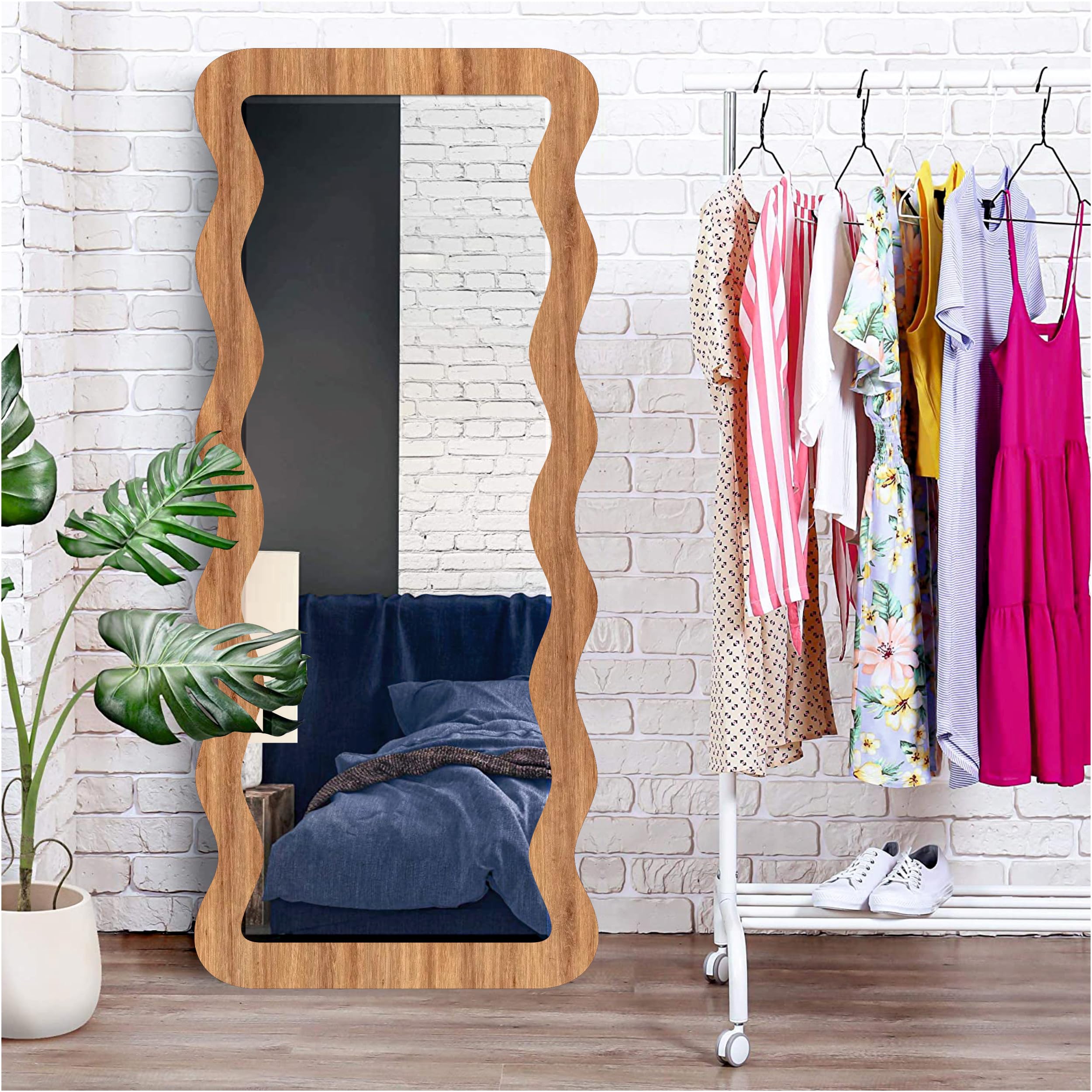 Creative Arts n Frames 18x42 inch Long Wooden Irregular Curve Zigzag Shape Wall Hanging Wall Mount Full Length HD Mirror Home Decor Items (Natural Iqurel Oak Zigzag 2)-image-7