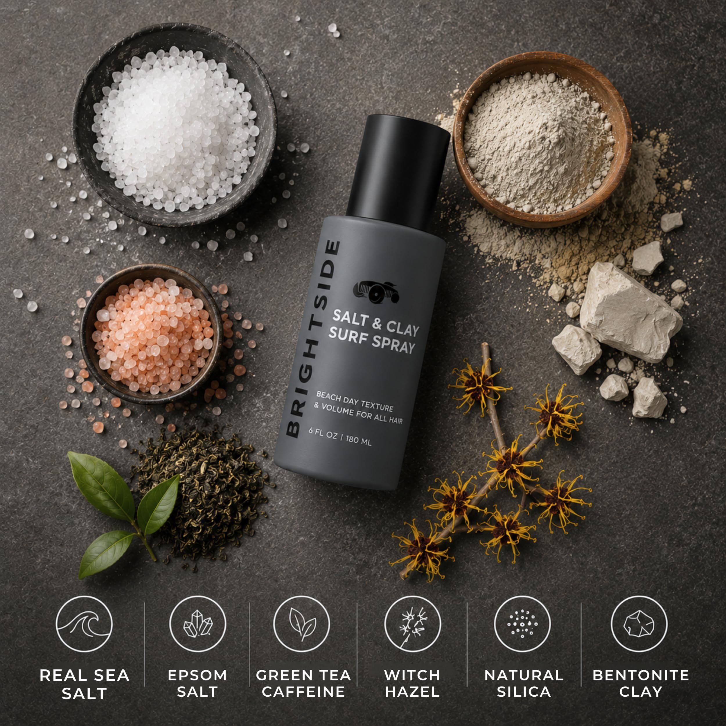 BRIGHTSIDE Salt & Clay Surf Spray Texturier i spray zwiększający objętość, sól i glina, krzemionka oczaru wirginijskiego i zielonej herbaty, do wszystkich rodzajów włosów, 180 ml