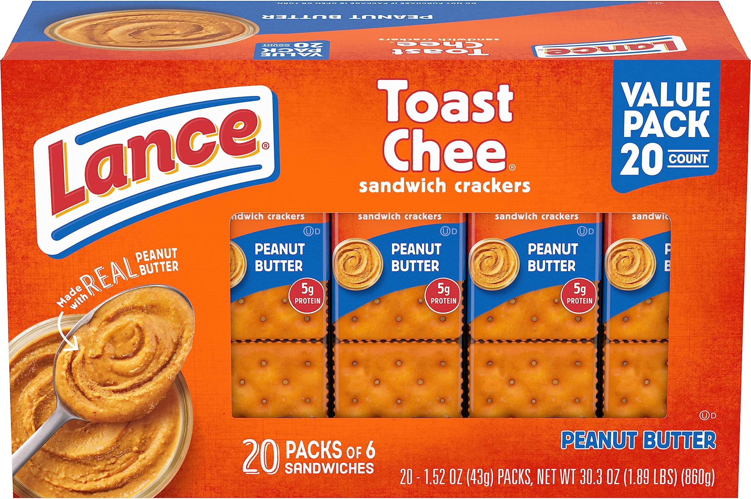 Sandwich Crackers, ToastChee Peanut Butter, 20 Individually Wrapped Packs, 6 Sandwiches Each (Pack of 6)