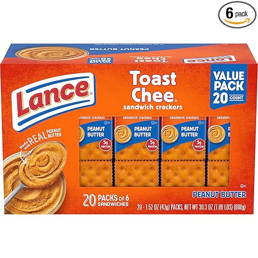 Lance Sandwich Crackers, ToastChee Peanut Butter, 20 Individually Wrapped Packs, 6 Sandwiches Each (Pack of 6)