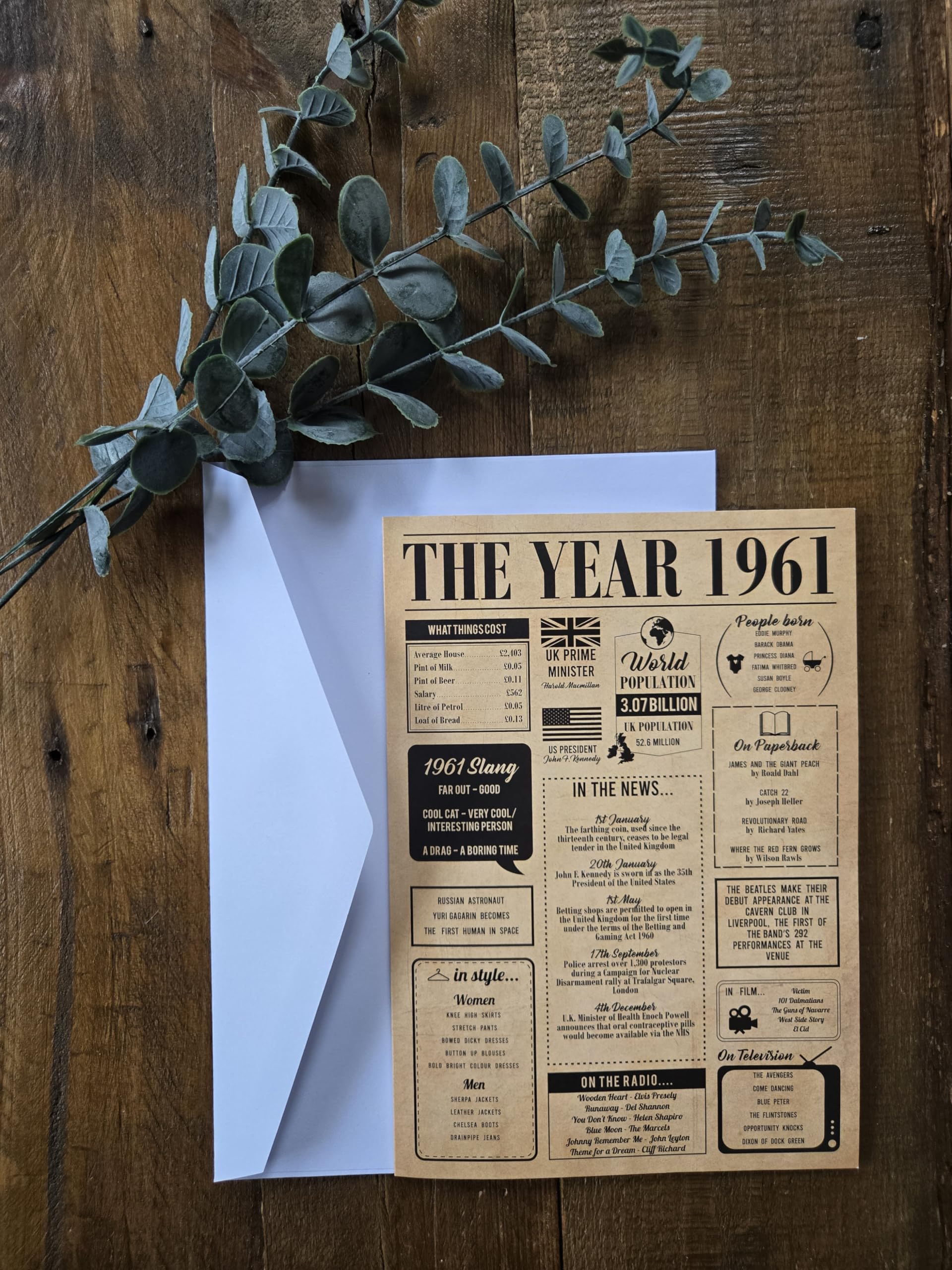 65th Birthday & Wedding Anniversary Card Year 1961 Fun Facts | Unique 65th Birthday or 65th Anniversary Card for Him or Her | Nostalgic Greeting Card A5 Size 300gsm Recycled Card with Envelope โ image 1