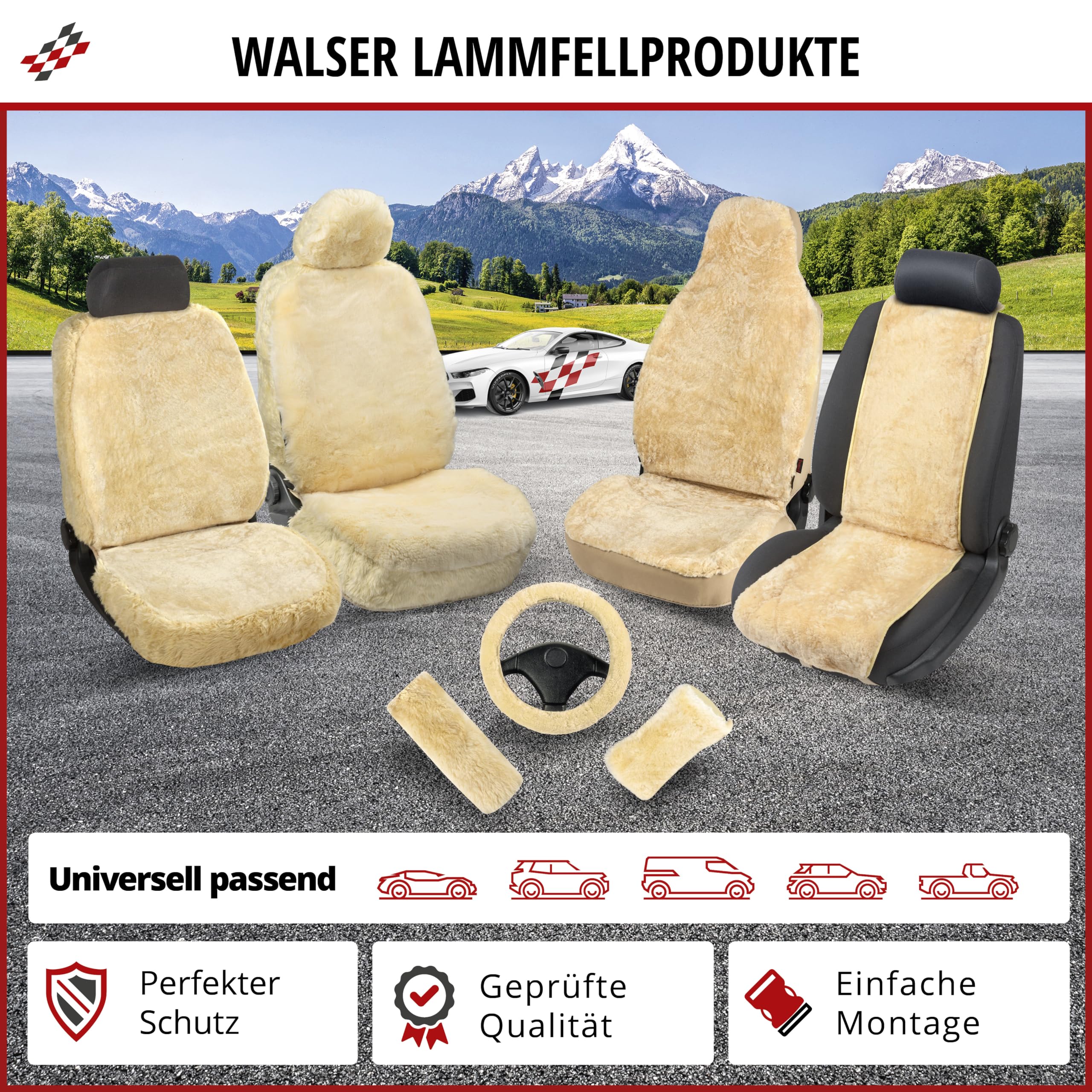 Walser Lammfell Sitzbezug für Auto Trish, Auszeichnung Sehr Gut* Lammfell Autositzbezug, Lamm Fell Sitzbezug, 1 Stück Fell Sitzbezüge Auto Vordersitze, weicher Fellbezug Autositz anthrazit