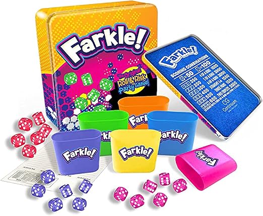 Farkle Deluxe Dice Games Set Includes 36 Colorful Dice, 6 Rolling Cups, Rolling Tray, and Score Sheets The Classic Push-Your-Luck Dice Game