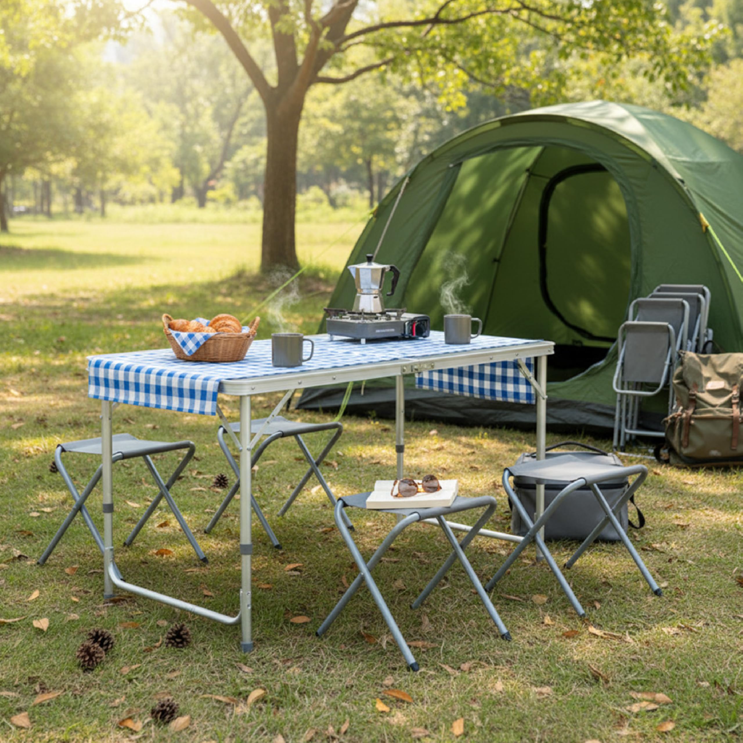 Baroni Home Tavolo Pieghevole da Campeggio con 4 Sedie Richiudibili, Tavolino Portatile in Alluminio con Piano in MDF, Leggero, Ideale per Campeggio, Spiaggia, Picnic e Outdoor, Tavolo Grigio 120 cm