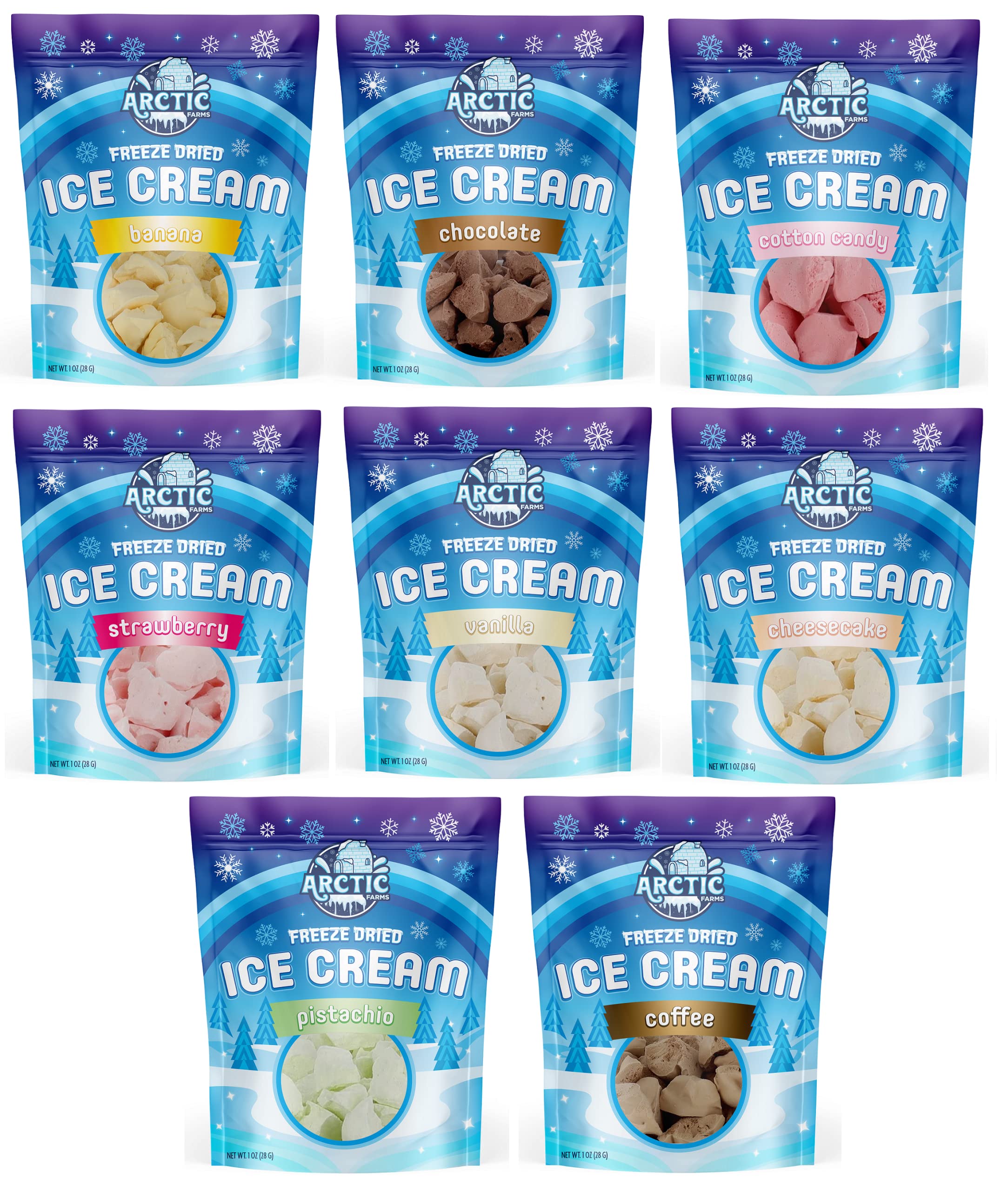 Arctic Farms Freeze Dried Ice Cream that Does Not Melt (Variety Pack of 8 Flavors)