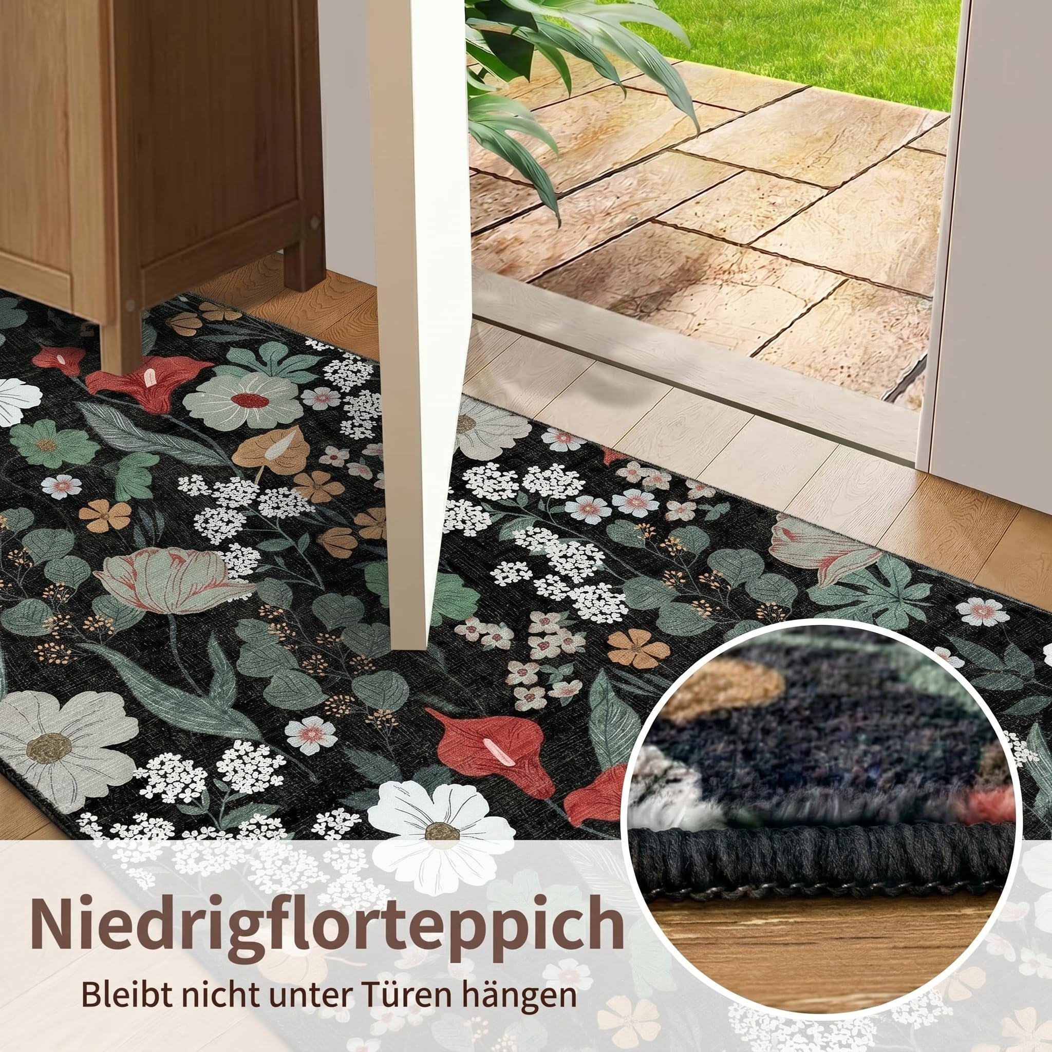 Teppich Schwarzer Wohnzimmer Waschbar 140x200 Boho Floral Kurzflor Teppich mit Weißen Roten Blumen Rutschfest & Weich Indoorteppich Extra DüNn Groß Teppiche für Haushalte mit Kindern & Haustieren