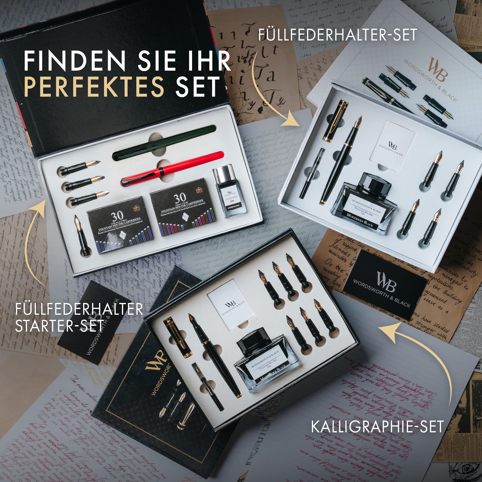Wordsworth & Black Füller Set für Anfänger, Kalligraphie, Grün | Füllfederhalter, Pinselstift + 5 Federn, 60 Tintenpatronen + Tintenfass, Konverter, Journaling, Geschenk für Männer & Frauen