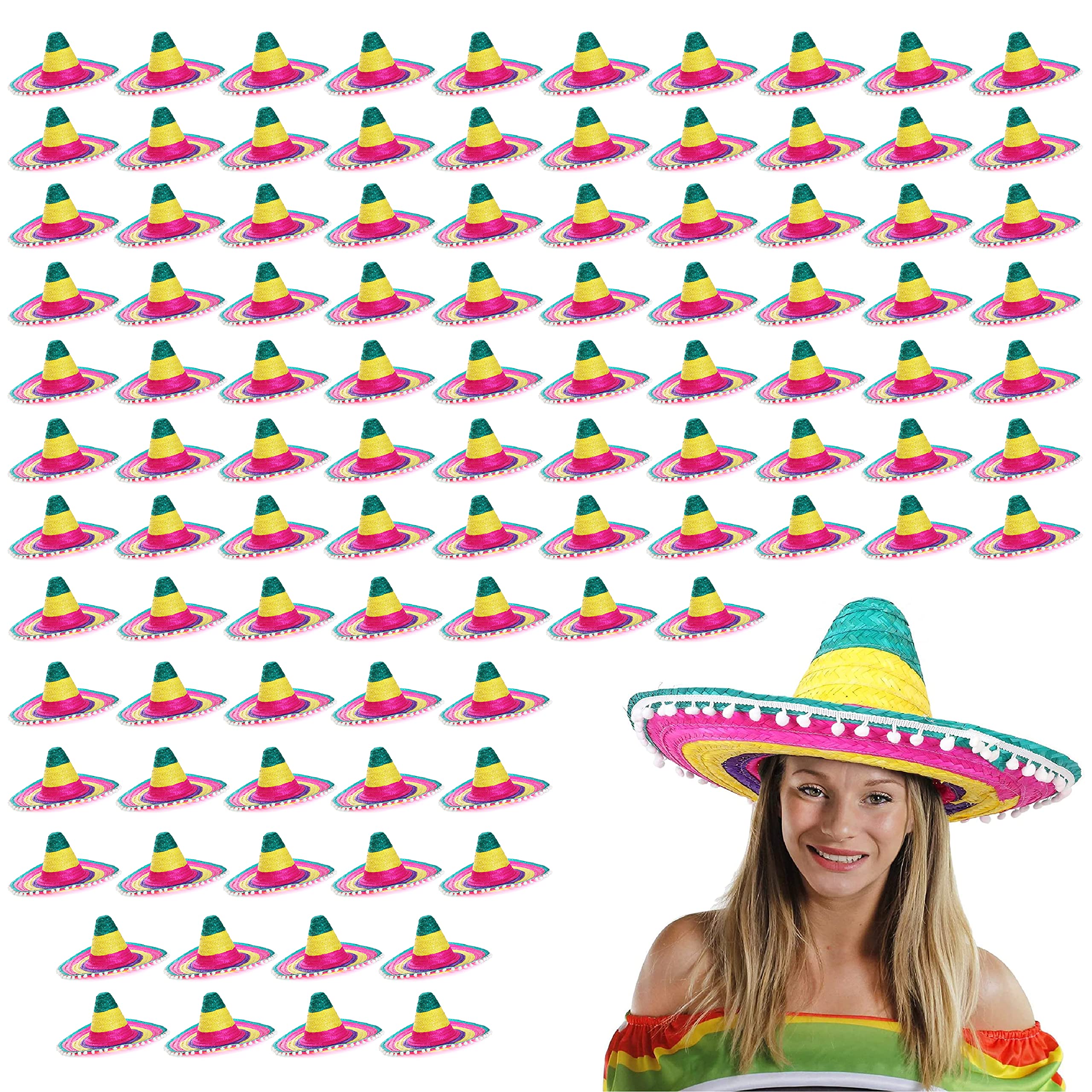 Multicolour Mexican Sombrero - Pack of 12 - Straw Sombrero with White Pom Poms - Straw Hat Fancy Dress Costume Ideal for Hen/stag Night, Summer, Beach Party, Wholesale Bulk