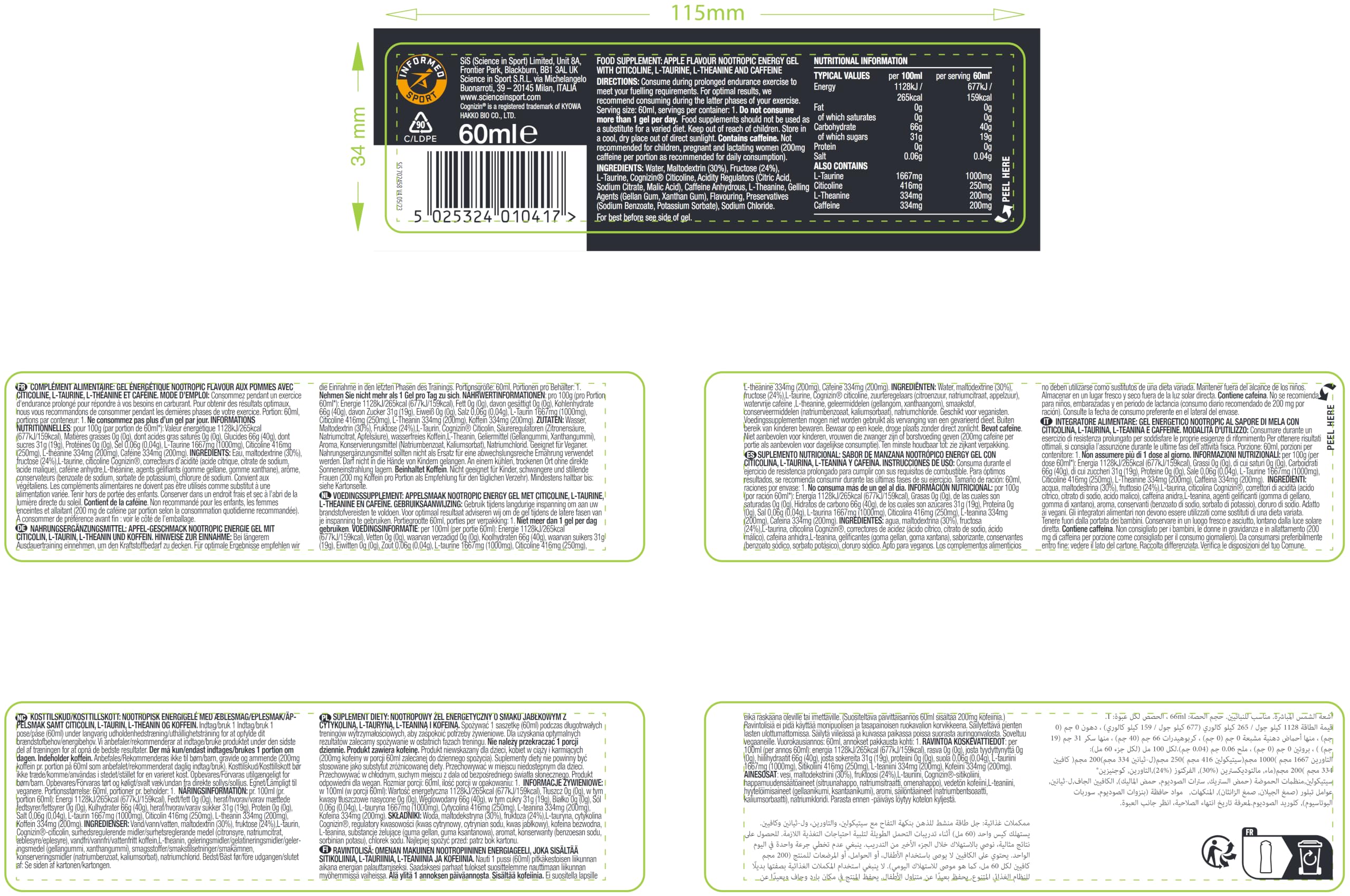 Science in Sport BETA Fuel + Nootropics Gel, Apfel, 30 x 60ml