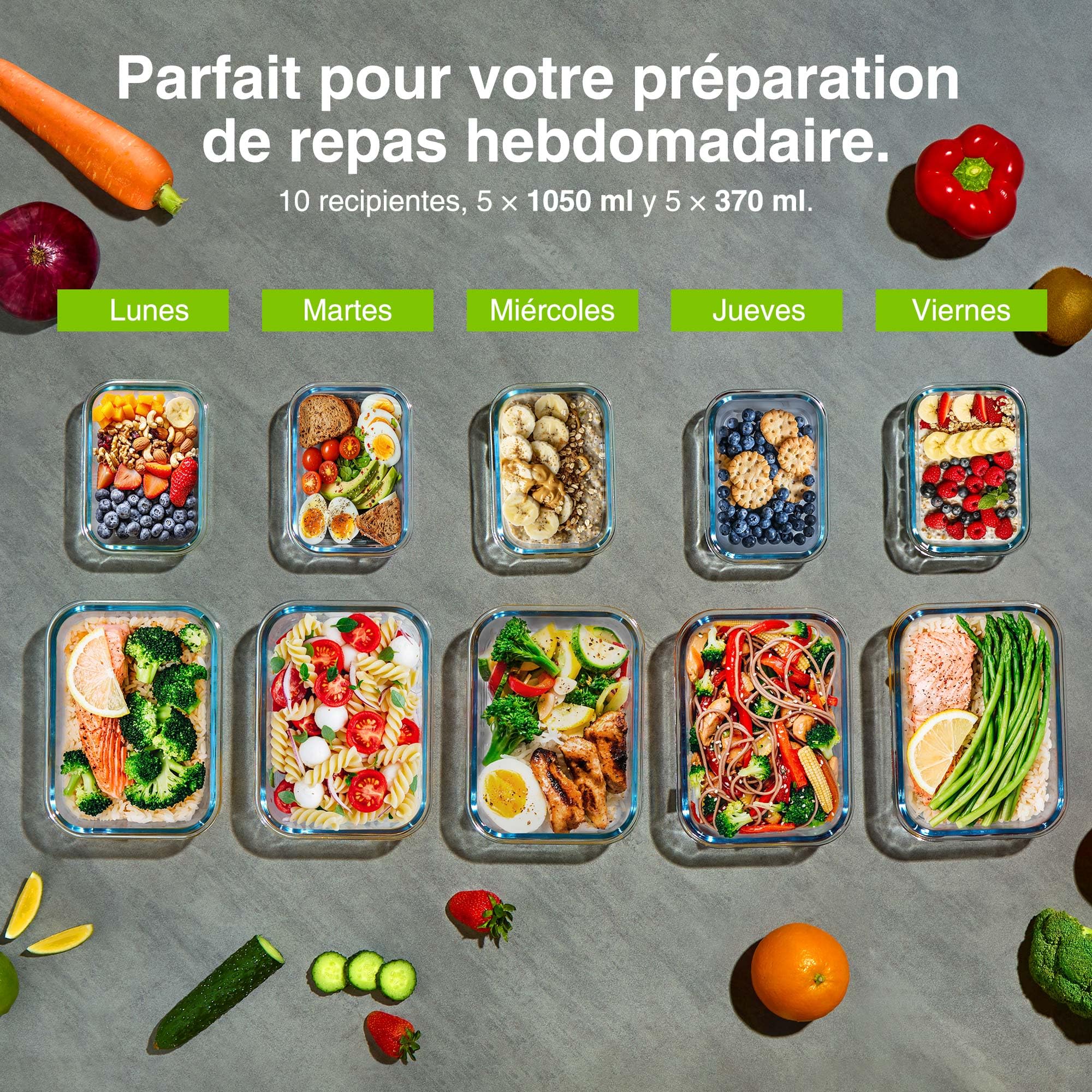 VonShef Contenedores de vidrio tapas – set de 10 cajas para meal prep de 1 L y 370 ml, aptos para horno y lavavajillas, cierre hermético a prueba de fugas, ideal para batch cooking