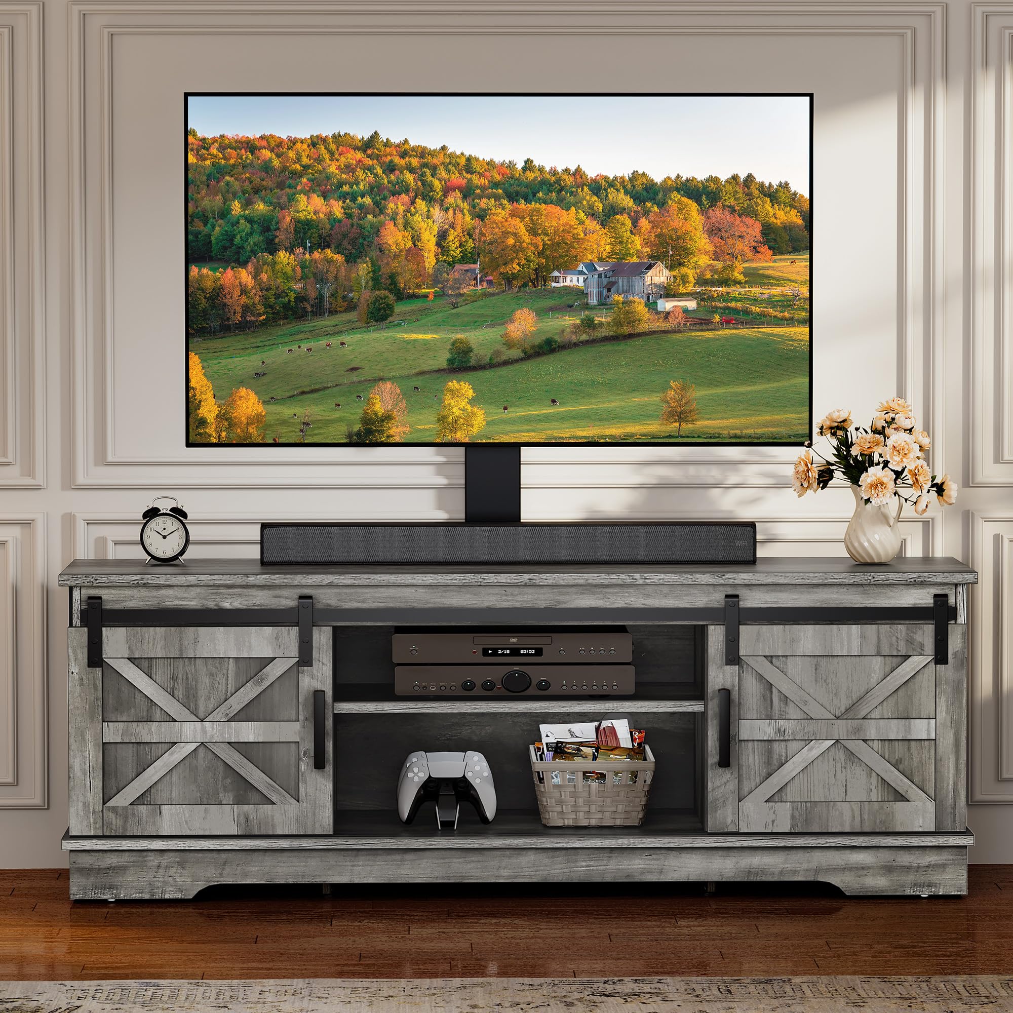 YITAHOME Farmhouse TV Stand for Living Room with Mount, Entertainment Center with 3 Height Adjustment for 32-70 inch TVs, Media Console Cabinet with Sliding Barn Door, Grey