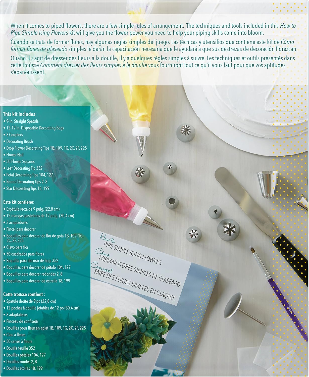 Wilton How to Pipe Simple Icing Flowers Kit -68-Piece Cake Decorating Kit with Spatula, Decorating Bags, Couplers, Decorating Brush, Decorating Tips, Flower Squares, Recipe and Tutorial Video