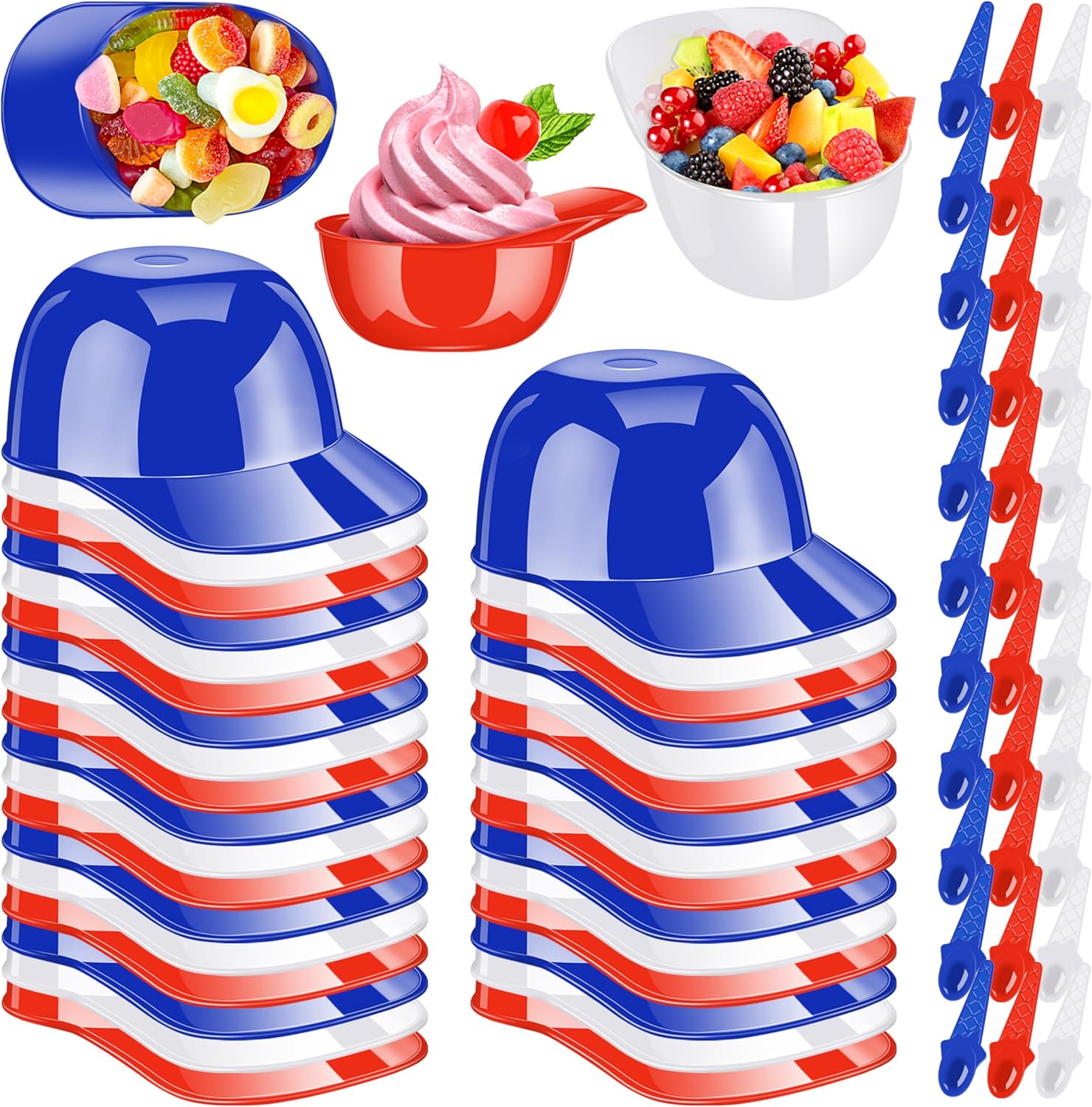 48 Pack Baseball Helmet Ice Cream Dessert Bowls 24pc Spoons and 24pc 8oz Mini Dessert Cups Sundae Bowls Parfait Cups Appetizer Cups, Reusable Serving Baseball Cup Bowls for Birthday Party
