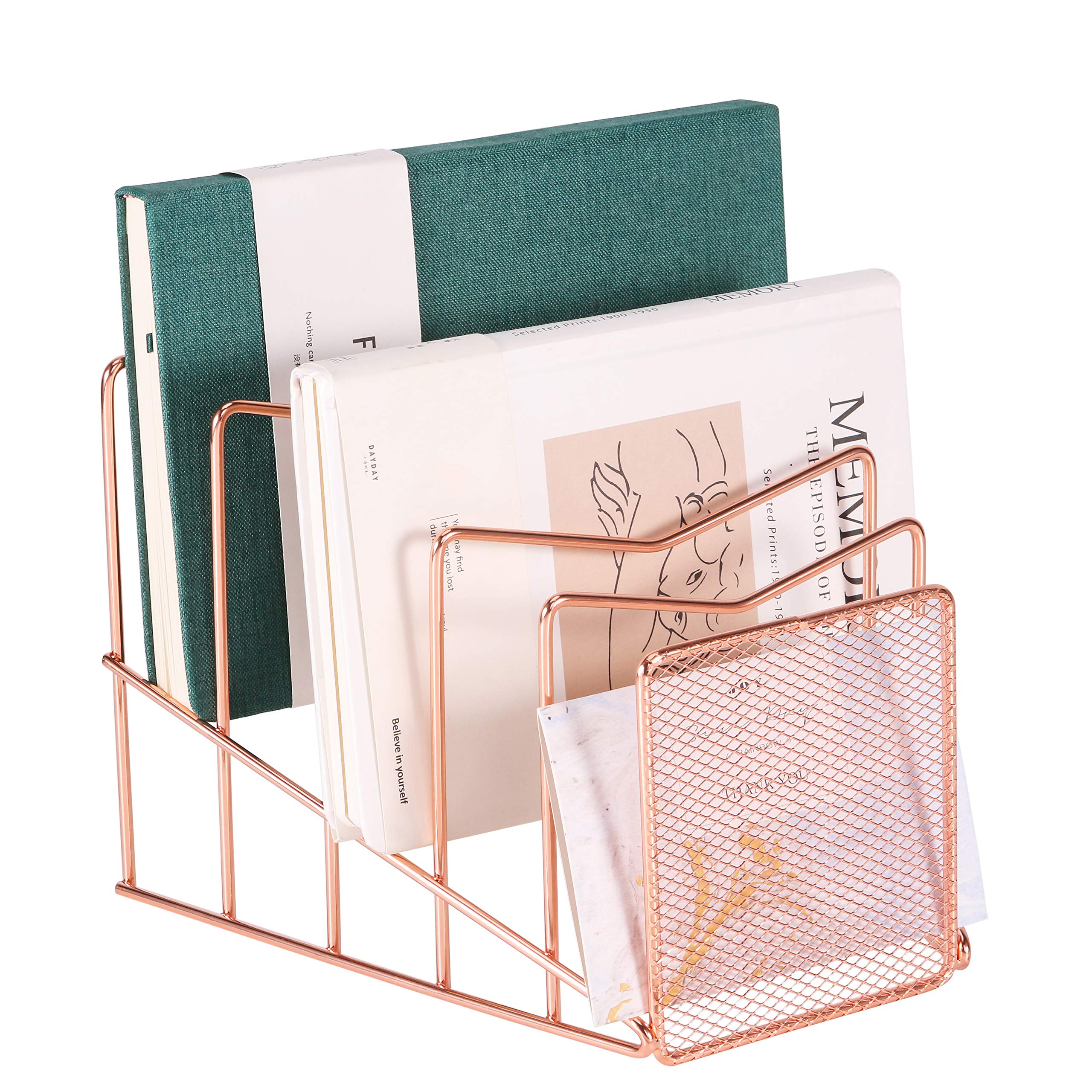 Z PLINRISE Incline File Sorter, Wire Magazine Holder Rack for Mails, Folders and Books, Desk Paper Storage Organizer for Home and Office, 5 Sections, Rose Gold