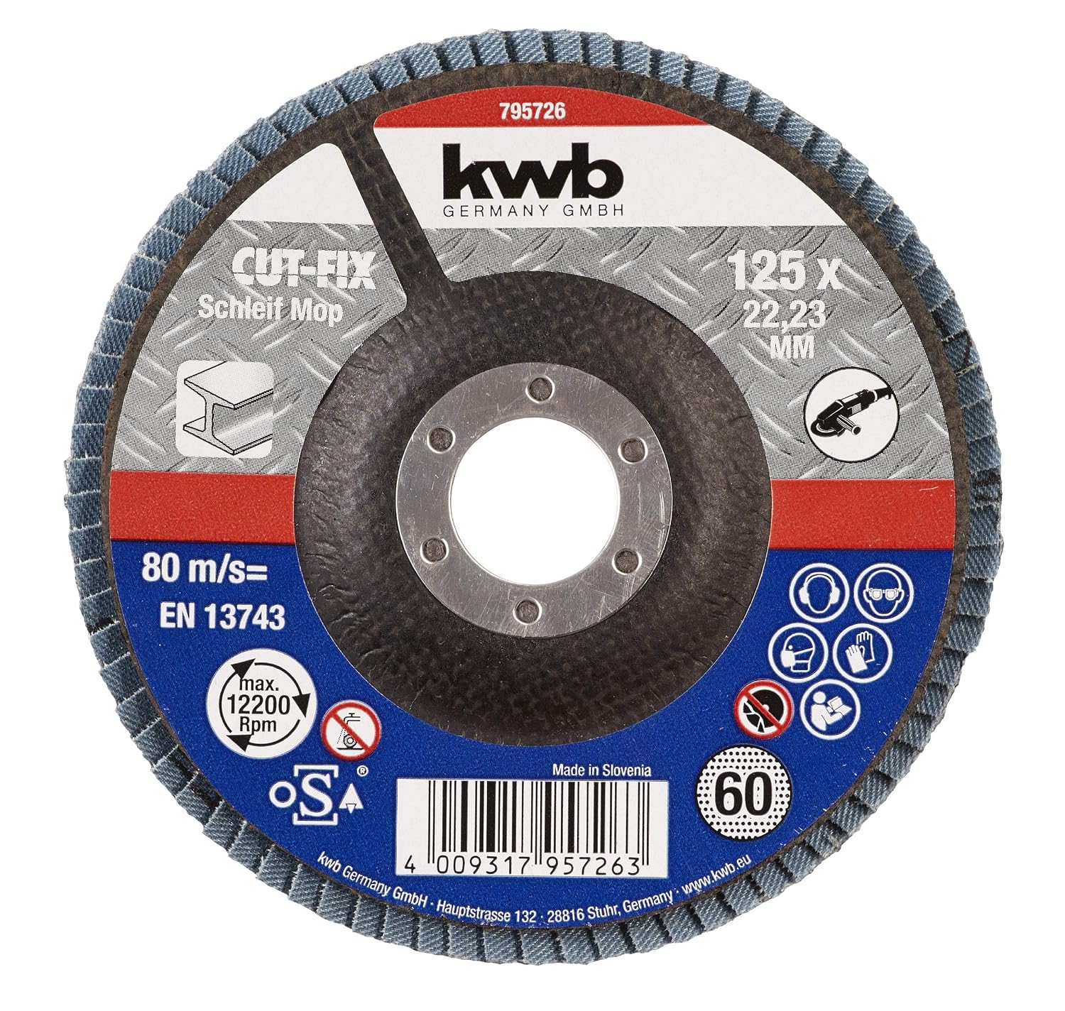 kwb Grinding Mop Grain 60 Cut-Fix 795726 (Slat Sander, Flap Disc, 125 x 22, for Metal and Steel, for Angle Grinders)