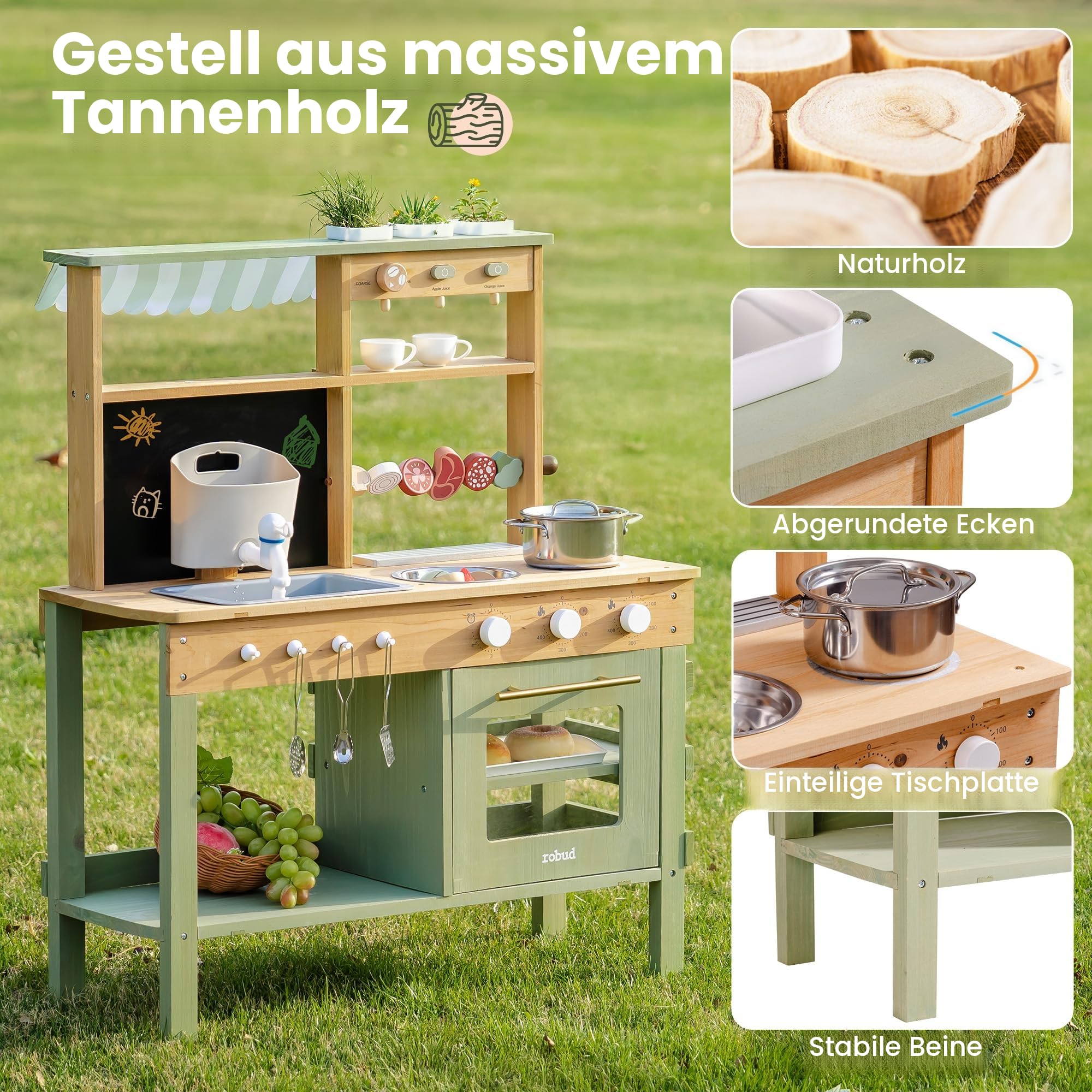 ROBUD Hölzerne Matschküche für Kinder, 17 PCS Pretend Play Kitchen Set mit Wasserspüle, Tafel & Küchenzubehör, Outdoor-Spielzeugküche für BBQ, Küchen-Spielset für Kleinkinder ab 3 Jahren