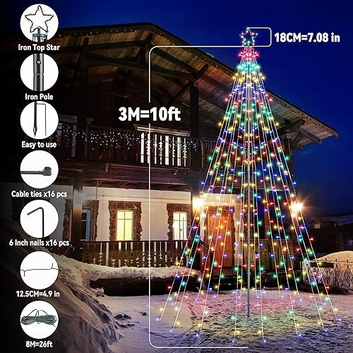 Miniatura 3 de Flacchi Luces de Navidad para exteriores con poste de 10 pies, 404 luces LED de estrella con control remoto, 10 modos de iluminación, impermeables,