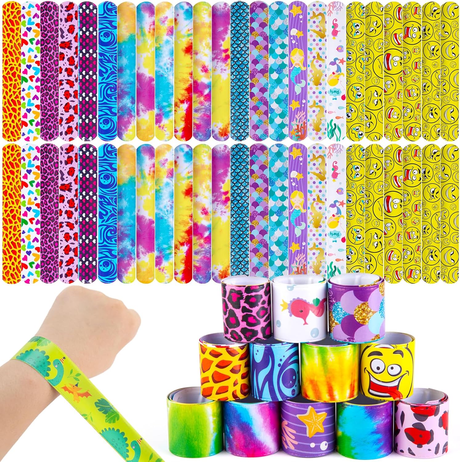AMOR PRESENT 48 PCS Slap Bracelets for Kids, Snap Bracelet End of Year Gifts from Teacher Classroom Prizes Birthday Party Favors Goodie Bags Stuffers