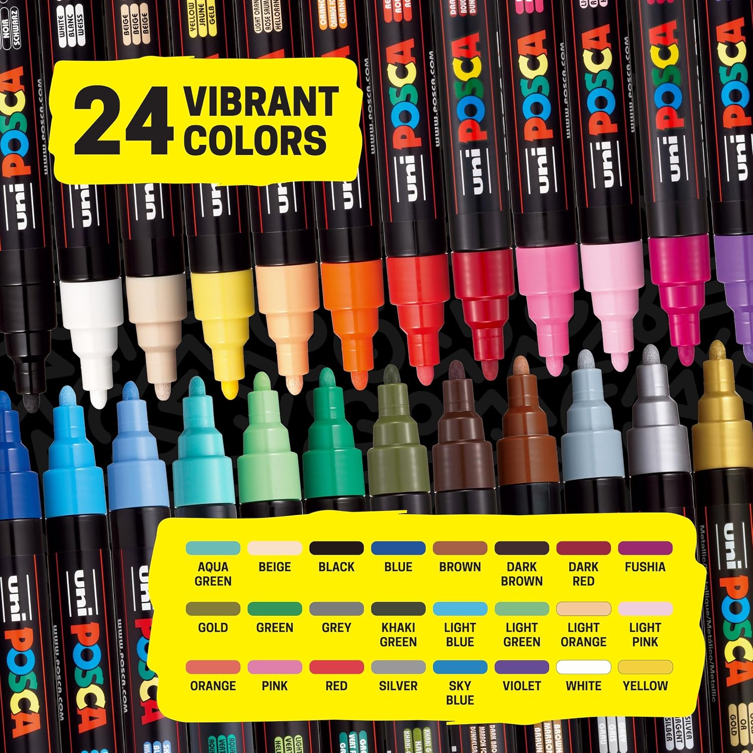 POSCA PC-5M Water-Based Paint Markers, Medium Point (1.8-2.5mm), Assorted Colors, 24 Pack