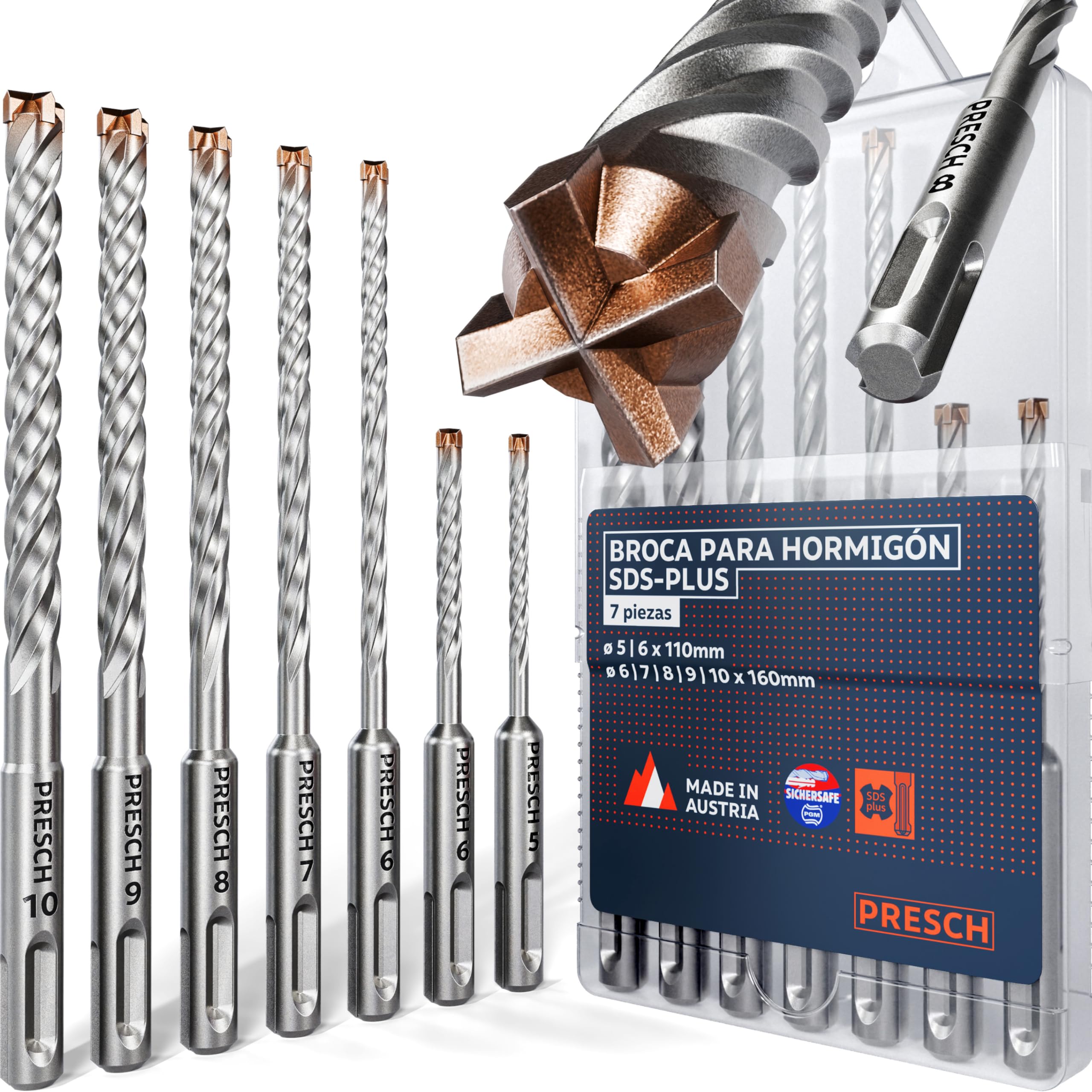 PRESCH Juego de Brocas Hormigón SDS Plus 5-10mm (7 uds.) – Broca pared con 4 filos de carburo – Indicador de profundidad – Brocas profesionales para hormigón, granito, ladrillo y mampostería