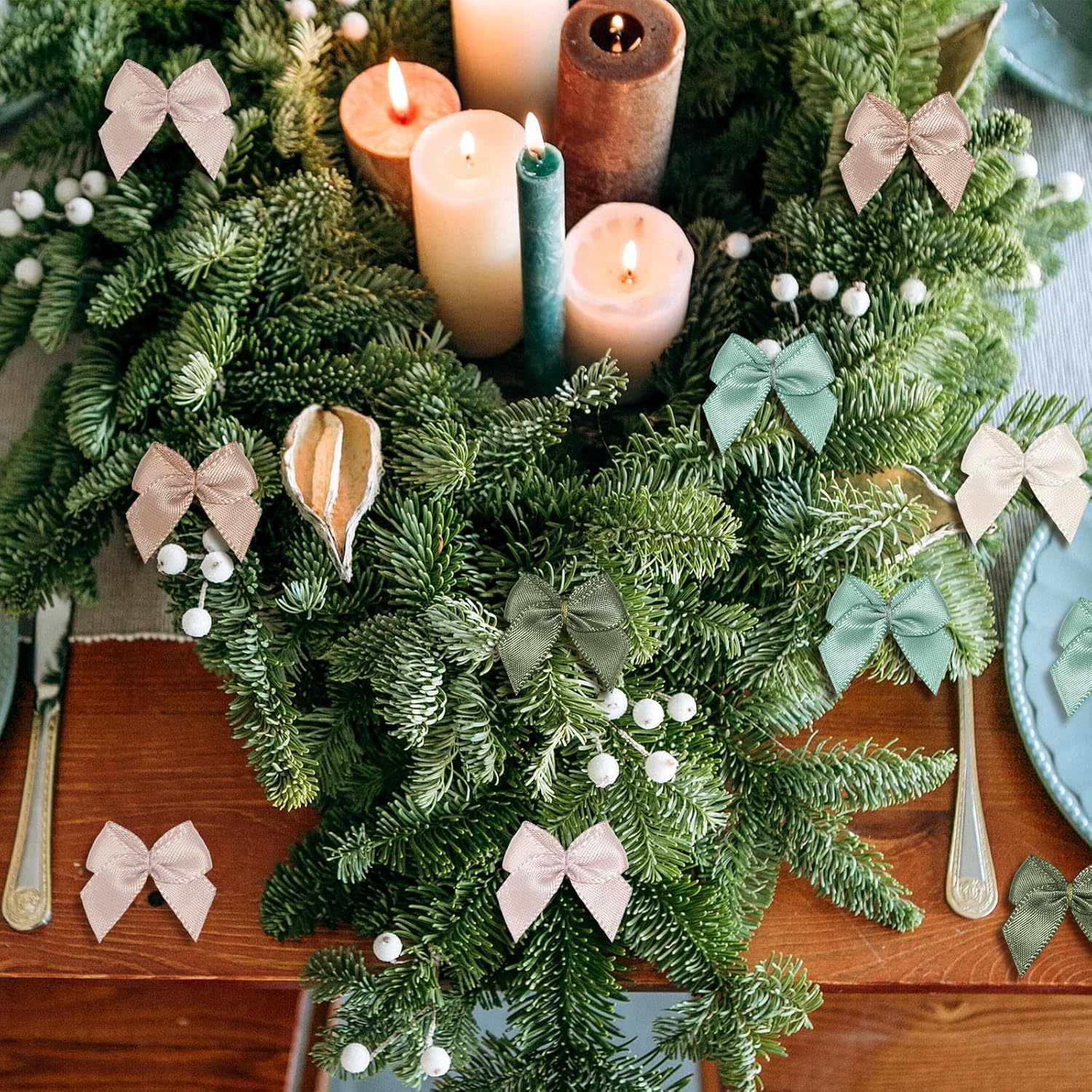 Syhood 150 Pcs Christmas Mini Bow Tiny Twist Tie Handmade Craft Ribbon Bow Hair Small Holiday Ribbon Craft Supply for DIY Sewing Party Decor (Sage Green&Beige) - Image 6