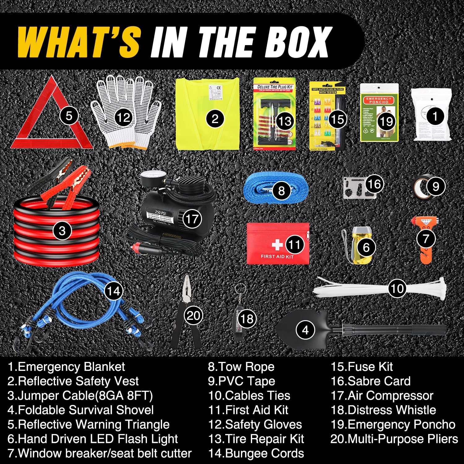 Nilight Car Emergency Kit with Jumper Cable Air Compressor Tire Repair Essential Tools First Aid Alligator Connector Electrical Kit for Travel Camping Outdoor Cars Truck SUV RV