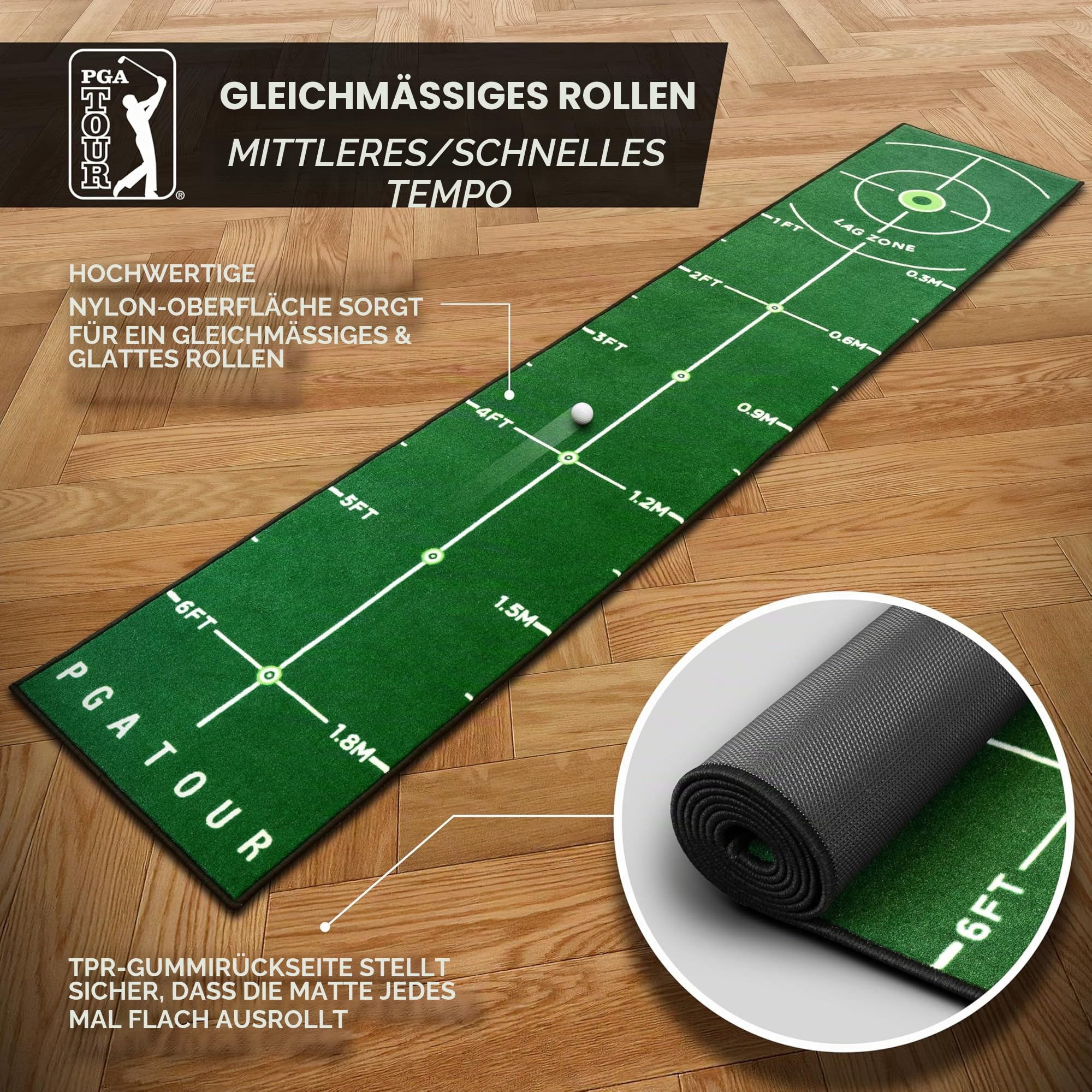 PGA Tour 8ft Deluxe Golf Putting Matte Indoor Golf Matte Mit Trainingsanleitung 6ft Putting-Bereich, Grün, Tragbare Tragetasche Inbegriffen Puttingmatte Golf Indoor