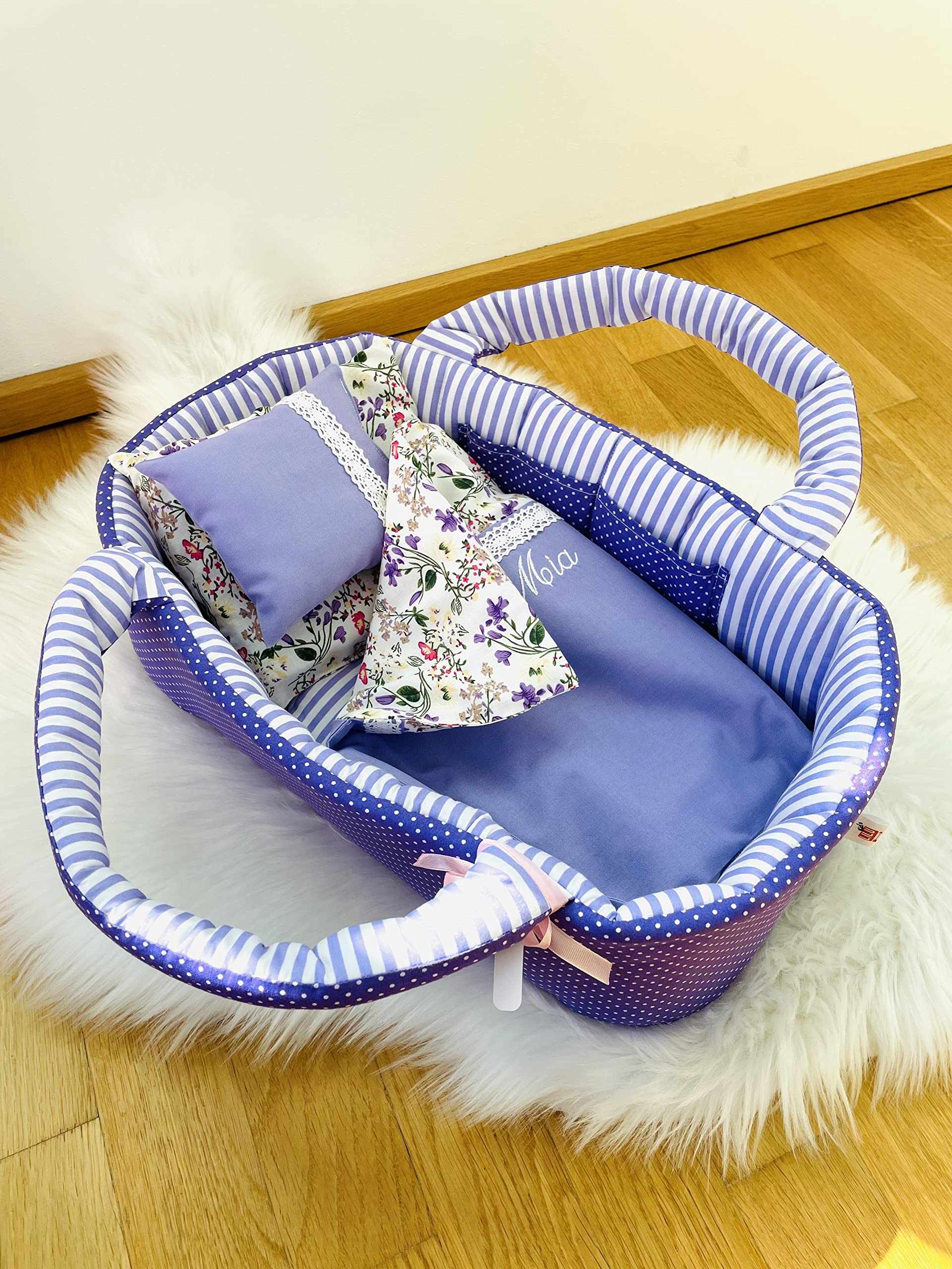 Puppentragetasche für Puppen 30-35cm mit Bettwäsche, Lila, Personalisierung, Waschbar