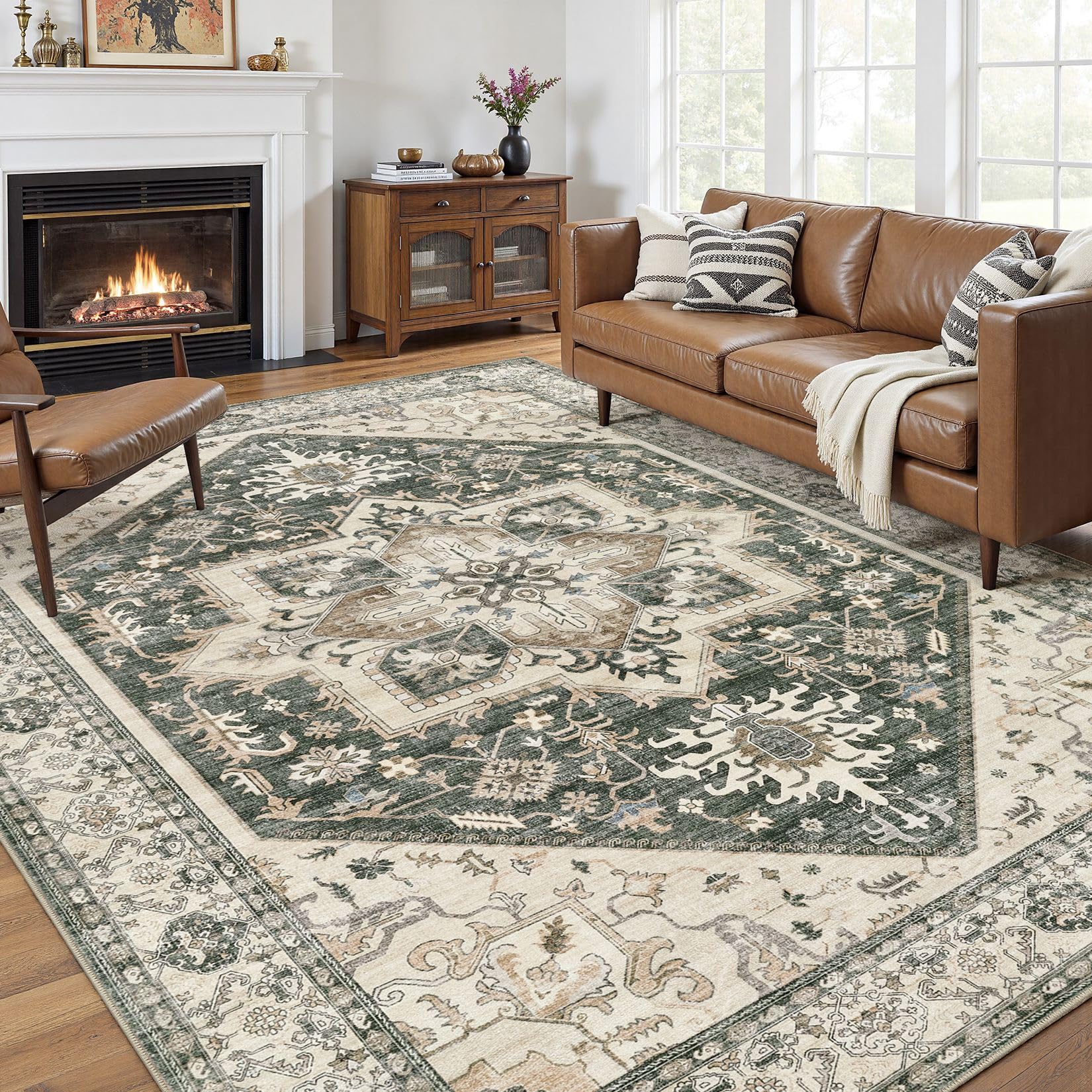 Photo 1 of 10x12 Area Rugs for Living Room - Large Carpet Ultra Thin Soft Washable Oriental Vintage Floral Distressed Rug Big Indoor Carpets for Bedroom Nursery Dorm Home Decor Aesthetic - Vintage Green