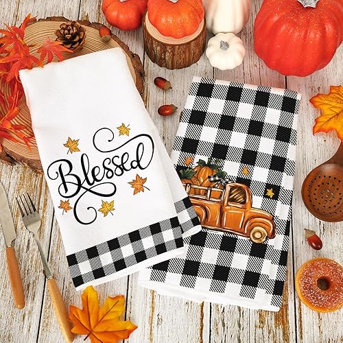 Miniatura 4 de Juego de 4 toallas de cocina otoñales con diseño de calabaza, diseño a cuadros de búfalo, 18 x 28 pulgadas, para secado a mano para Acción de