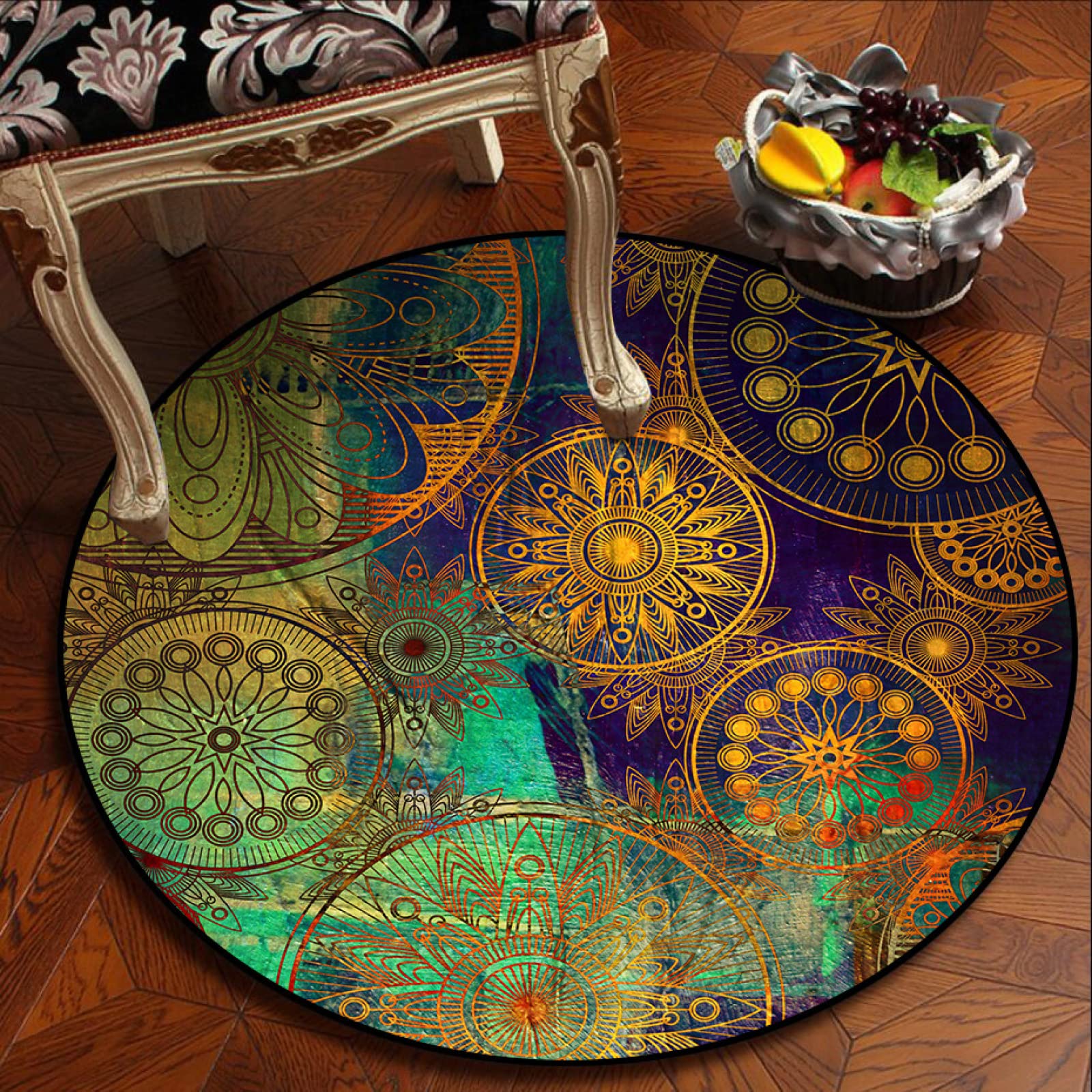 Modern Round Carpet Living Room Large Rug Indoor and Outdoor Round Rug, Purple Green Flowers Ethnic Style,ø 180 cm