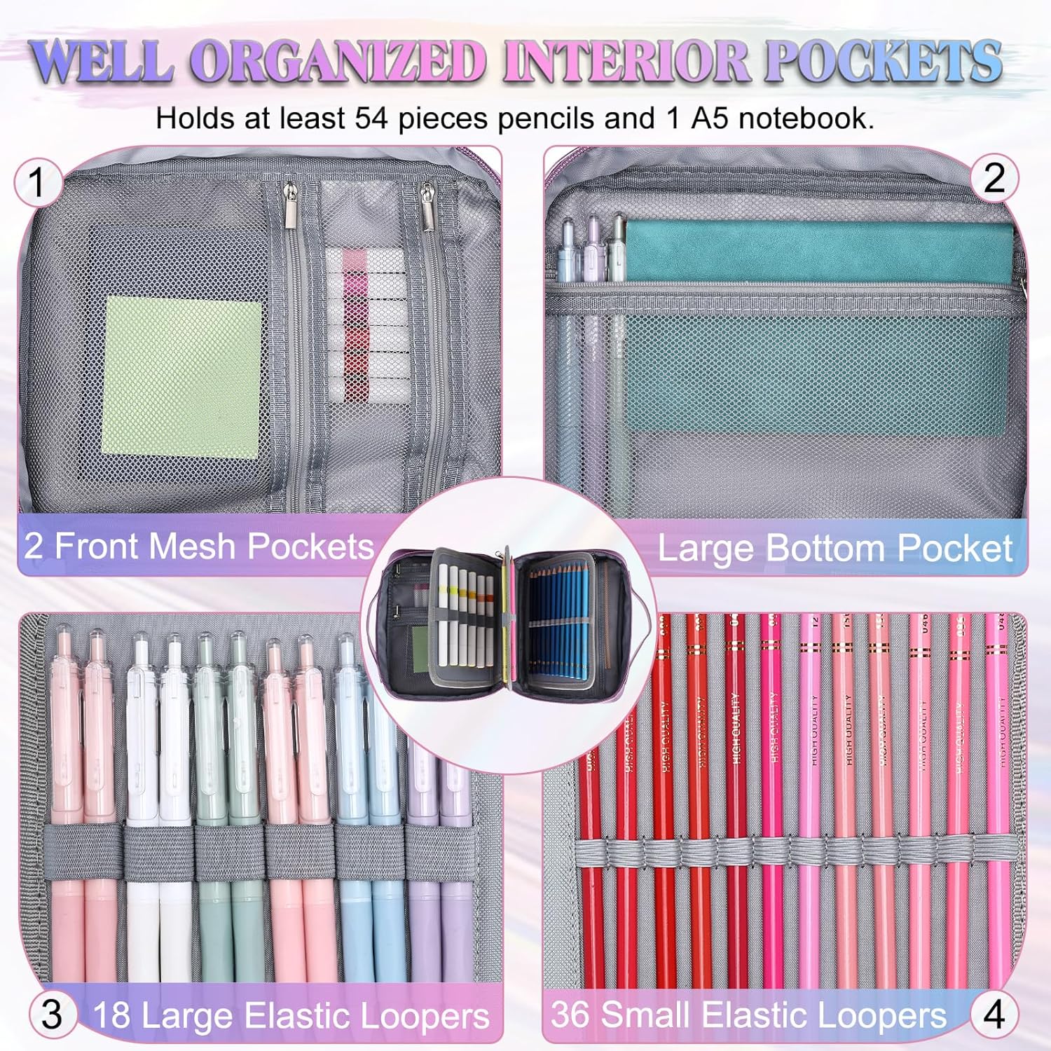 VX VONXURY Pencil Case, Large Capacity Pencil Pouch Portable Cosmetic Bag with 2 Detachable Layers 54 Slots Pen Organized (Pink)