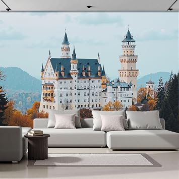 Wallpaper for Bedroom Wall Art Murals, Mountains Neuschwanstein 200 x 150 cm Non-Woven Photo Wallpaper 3D Effect, Romantic Architecture Wall Mural Wallpapers for Living Room