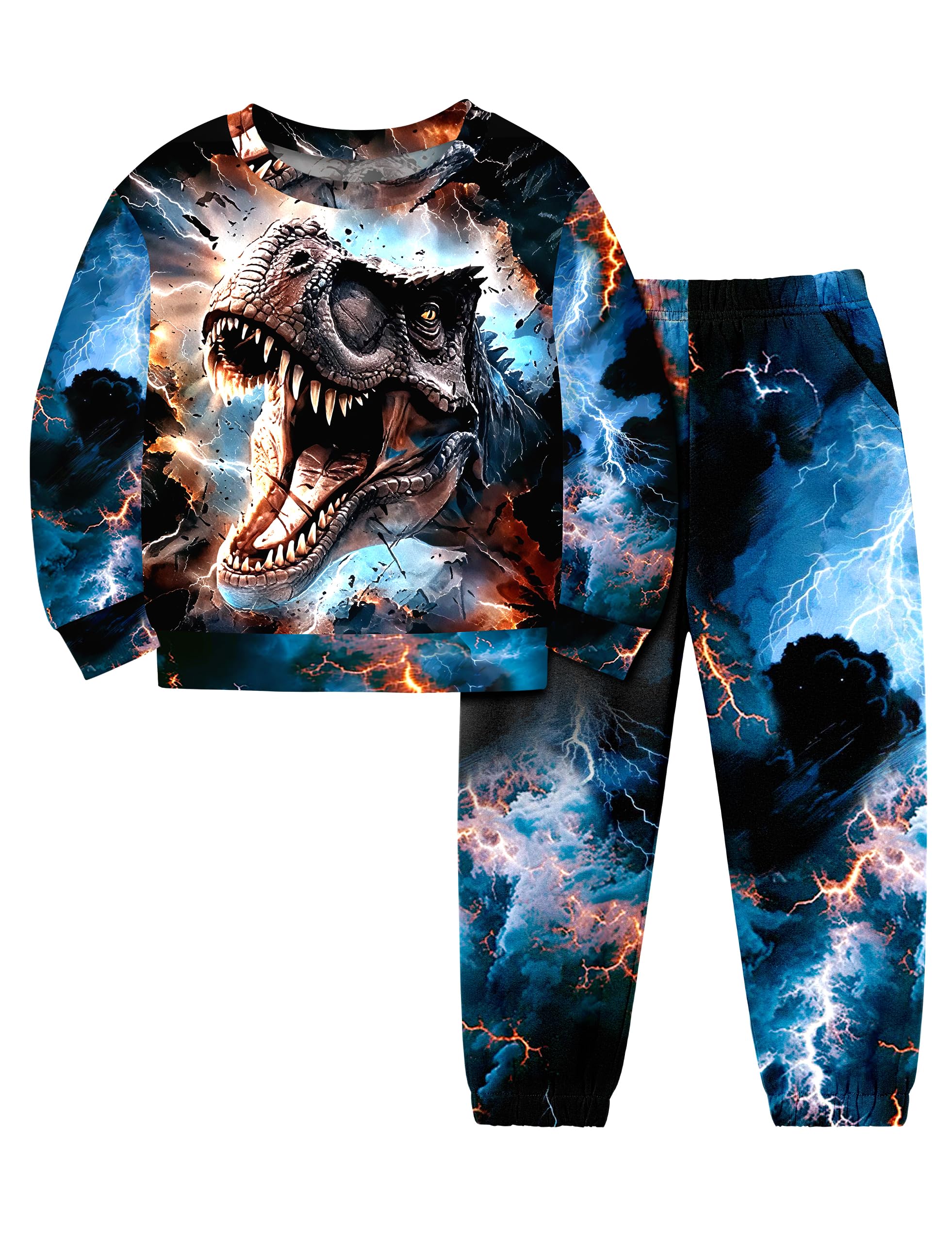Boys Clothes, T-Rex Print Dinosaur Boy Clothes Fall Winter Outfits Long-sleeved Hooded Sweatshirt Pants 2Pcs Set