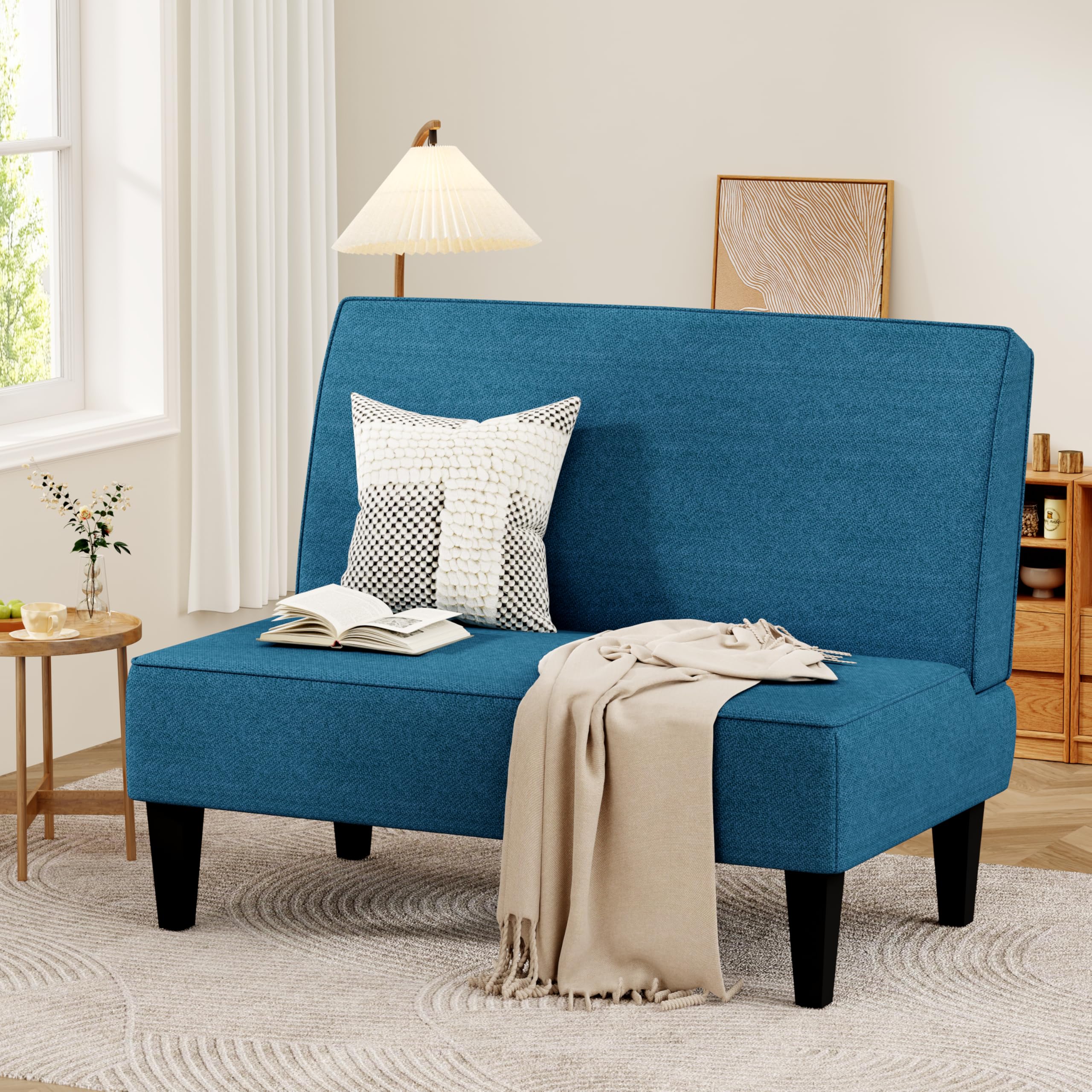 Changjie Furniture Small Loveseat Sofa Upholstered Mini Couch for Small Spaces 2-Seater Sofa Couch with Wooden Legs for Bedroom Living Room(Blue)