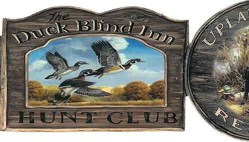 Dundee Deco BD6048 - Borde de papel tapiz prepegado, color azul campo, marrón, negro, letreros de club de caza troquelados con borde de pared