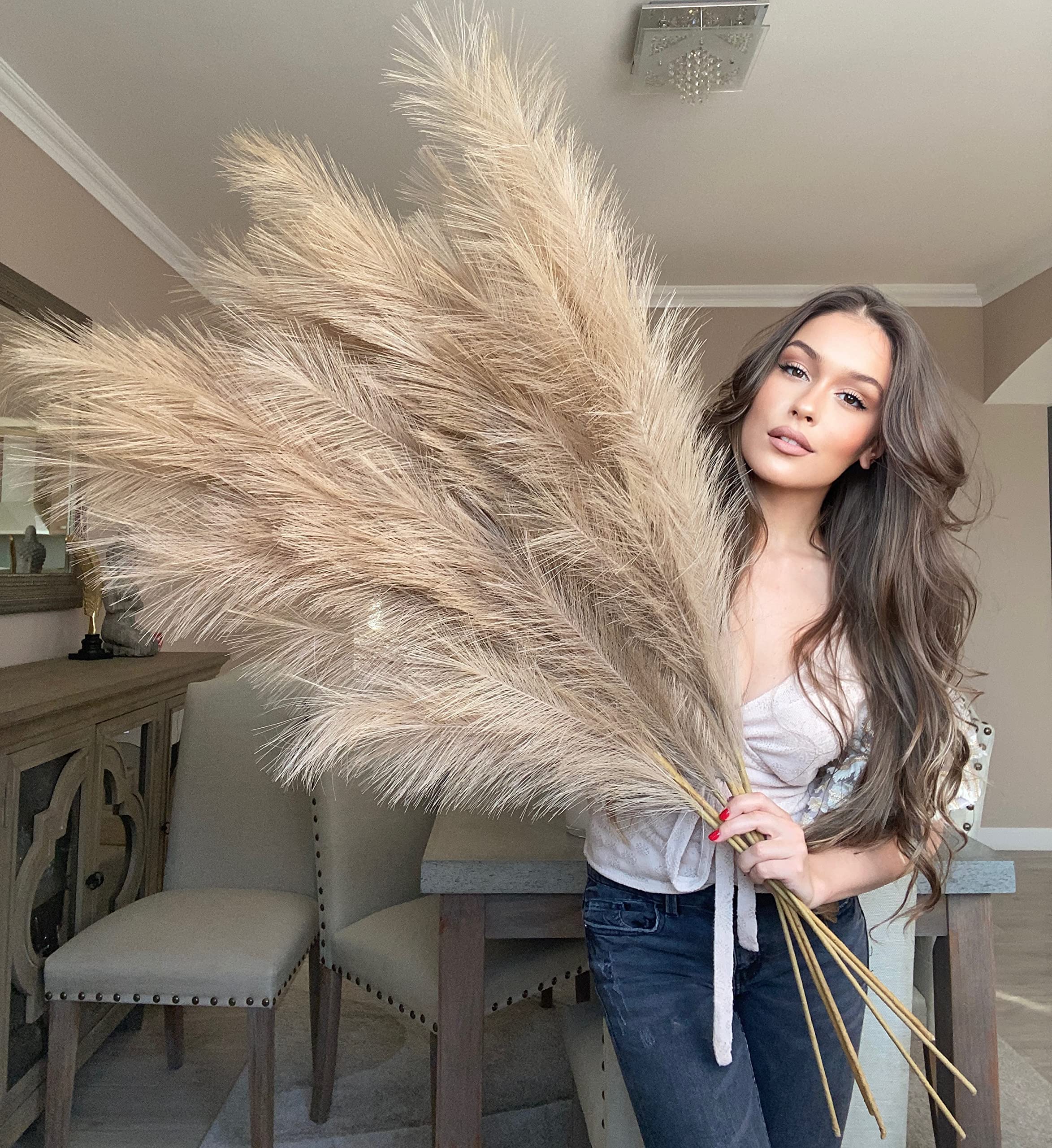 Extra Large Tall Light Fake Faux Artificial Pampas Grass Large Fluffy x3 115cm Stems x18 Decorative Artificial Flora Feathers For Floor Vases Tall Plant Flowers Long Pampas Grass (Brown)