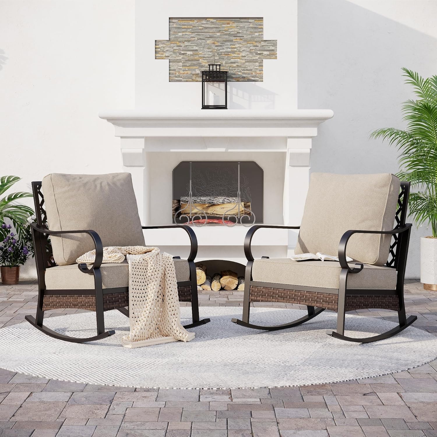 Metal Patio Rocking Chair Set of 2 with 5.75" Extra Thick Cushion, 2 Pieces High Back Black Outdoor Rocking Chairs All Weather Outdoor Seating Furniture for Deck Balcony Porch, Beige