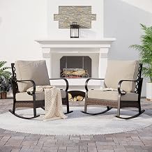 SUNSHINE VALLEY Metal Patio Rocking Chair Set of 2 with 5.75" Extra Thick Cushion, 2 Pieces High Back Black Outdoor Rocking Chairs All Weather Outdoor Seating Furniture for Deck Balcony Porch, Beige