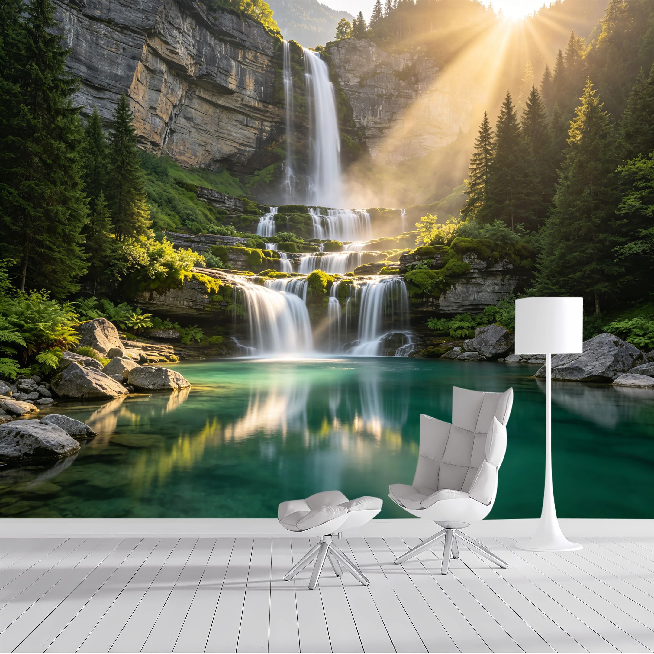 Custom Size Wall Mural Mountain Waterfall Forest Lake Landscape Nature Scenery SelfAdhesive Wall Fabric Removable Peel and Stick Wallpaper Wall Decor for Living Room Bedroom Bathroom