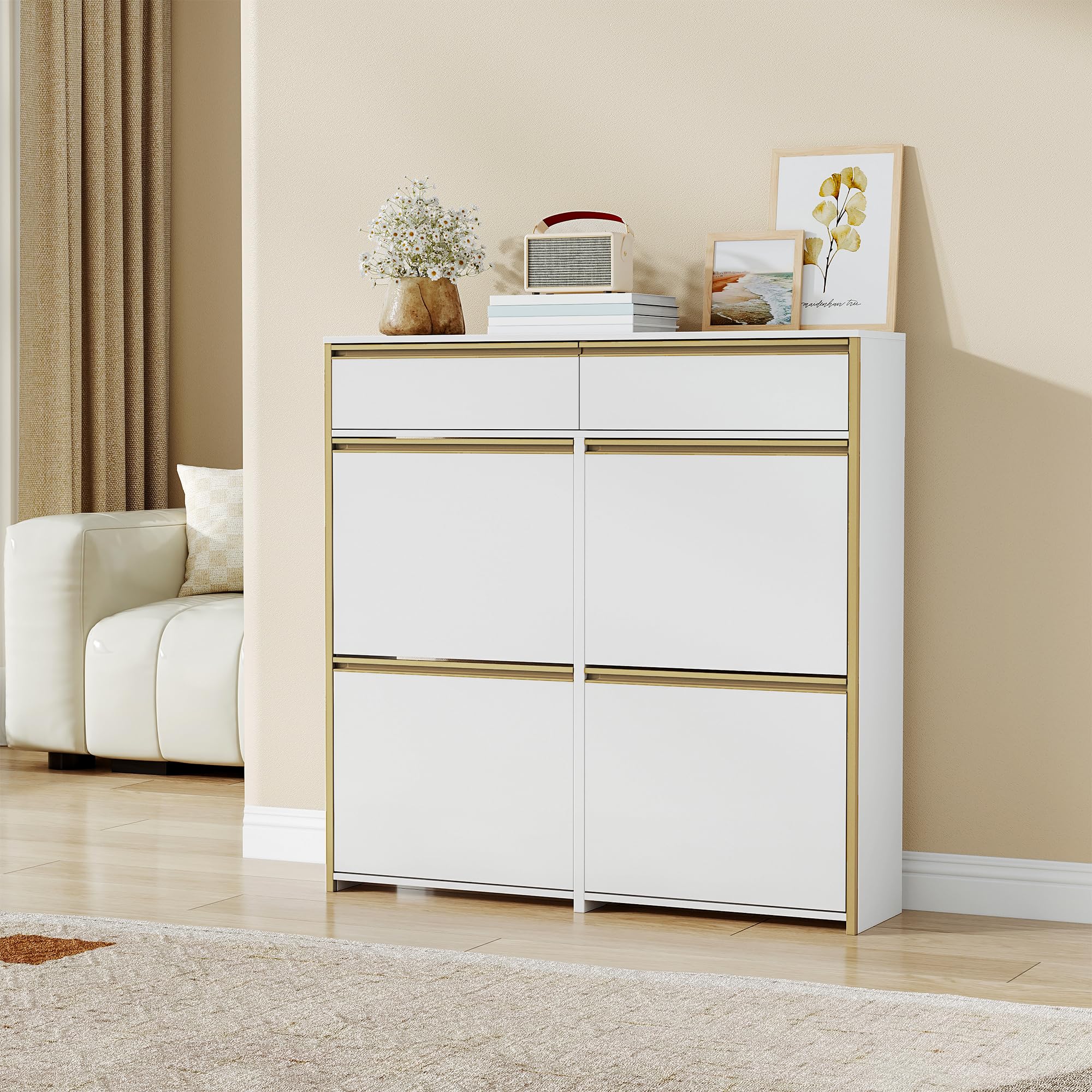 HEXCELEN Armario Zapatero Estrecho con 4 Puertas Abatibles, Zapatero con Cajón, Divisor Ajustable y Desmontable, 100 x 24 x 99 cm, para 16-24 Pares, para Pasillo, Entrada, Blanco-Dorado